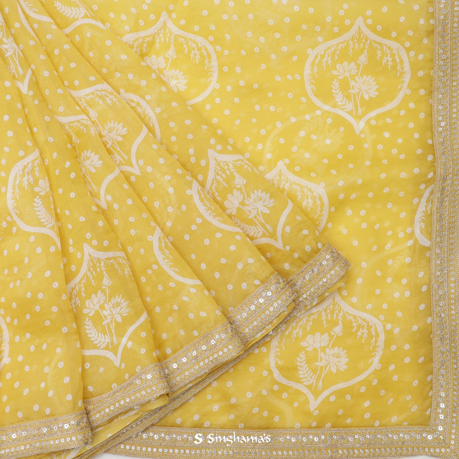 Royal Yellow Designer Organza Saree With Bandhani Pattern