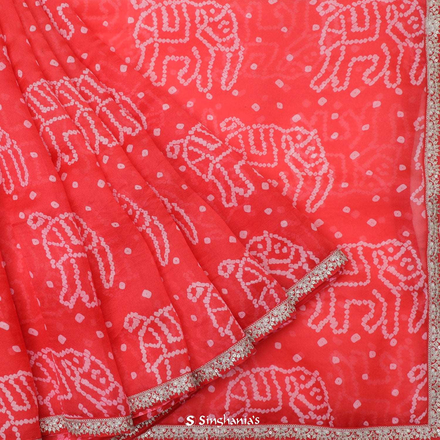 Reddish Orange Organza Saree With Bandhani Pattern