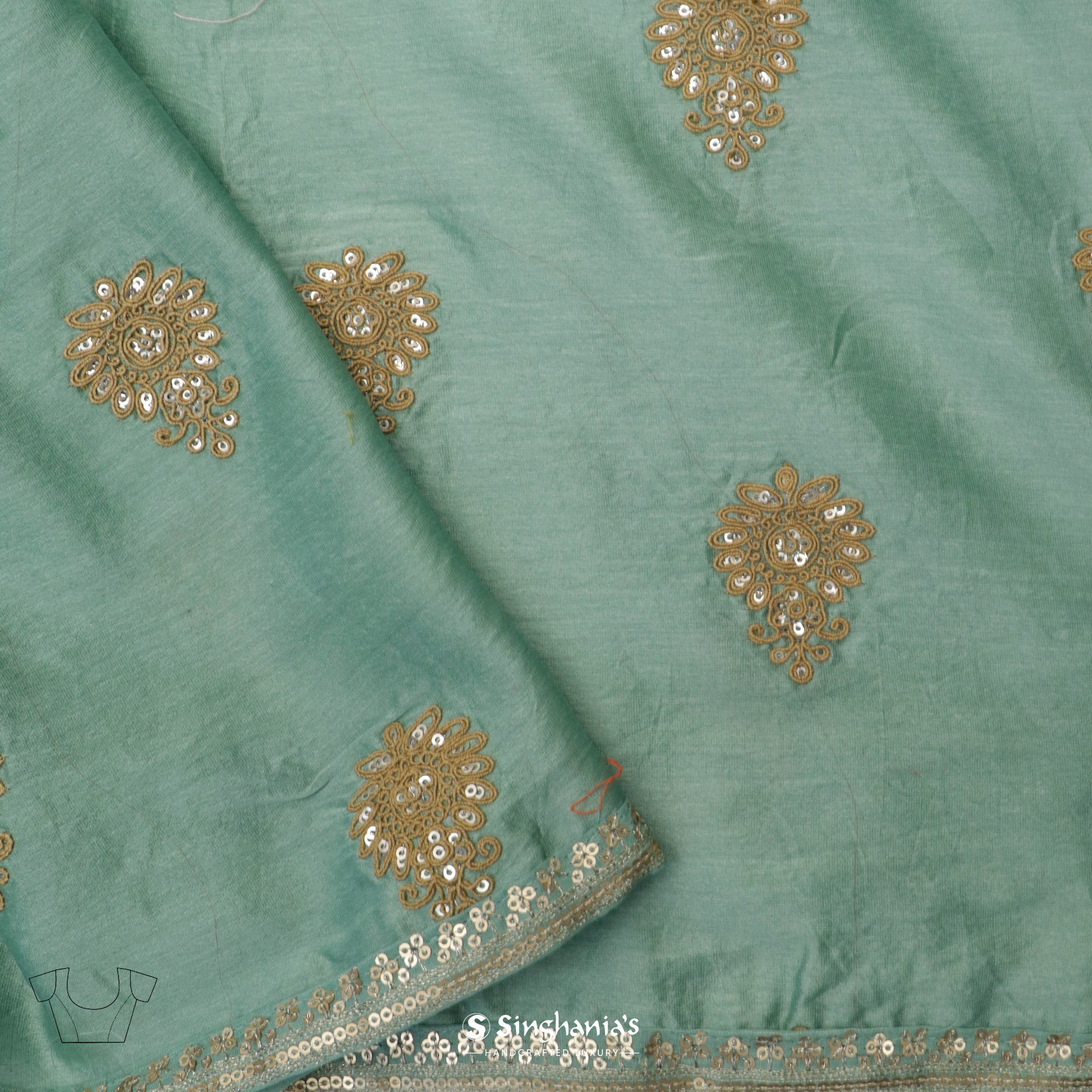 Sea Green Printed Bandhani Organza Saree With Paisley-Butti Pattern
