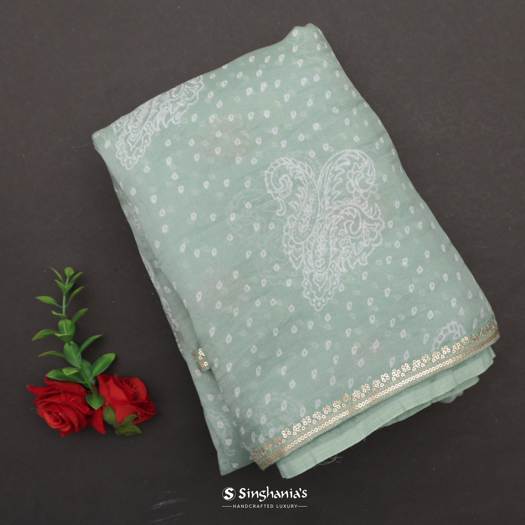 Sea Green Printed Bandhani Organza Saree With Paisley-Butti Pattern