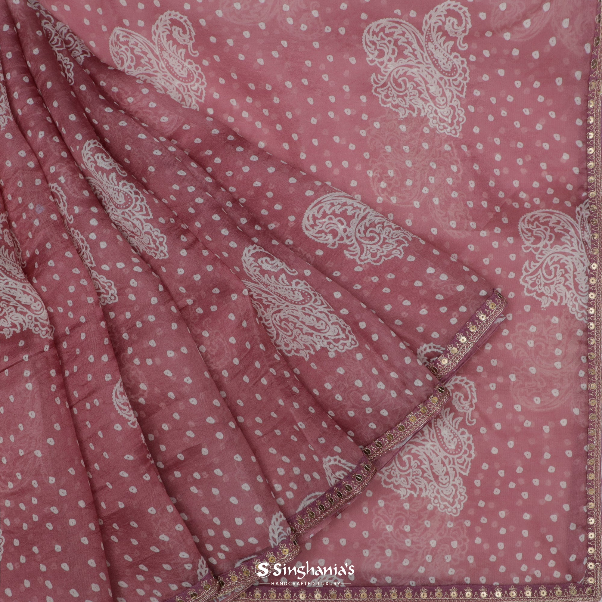 Old Rose Pink Printed Bandhani Organza Saree With Paisley-Butti Pattern