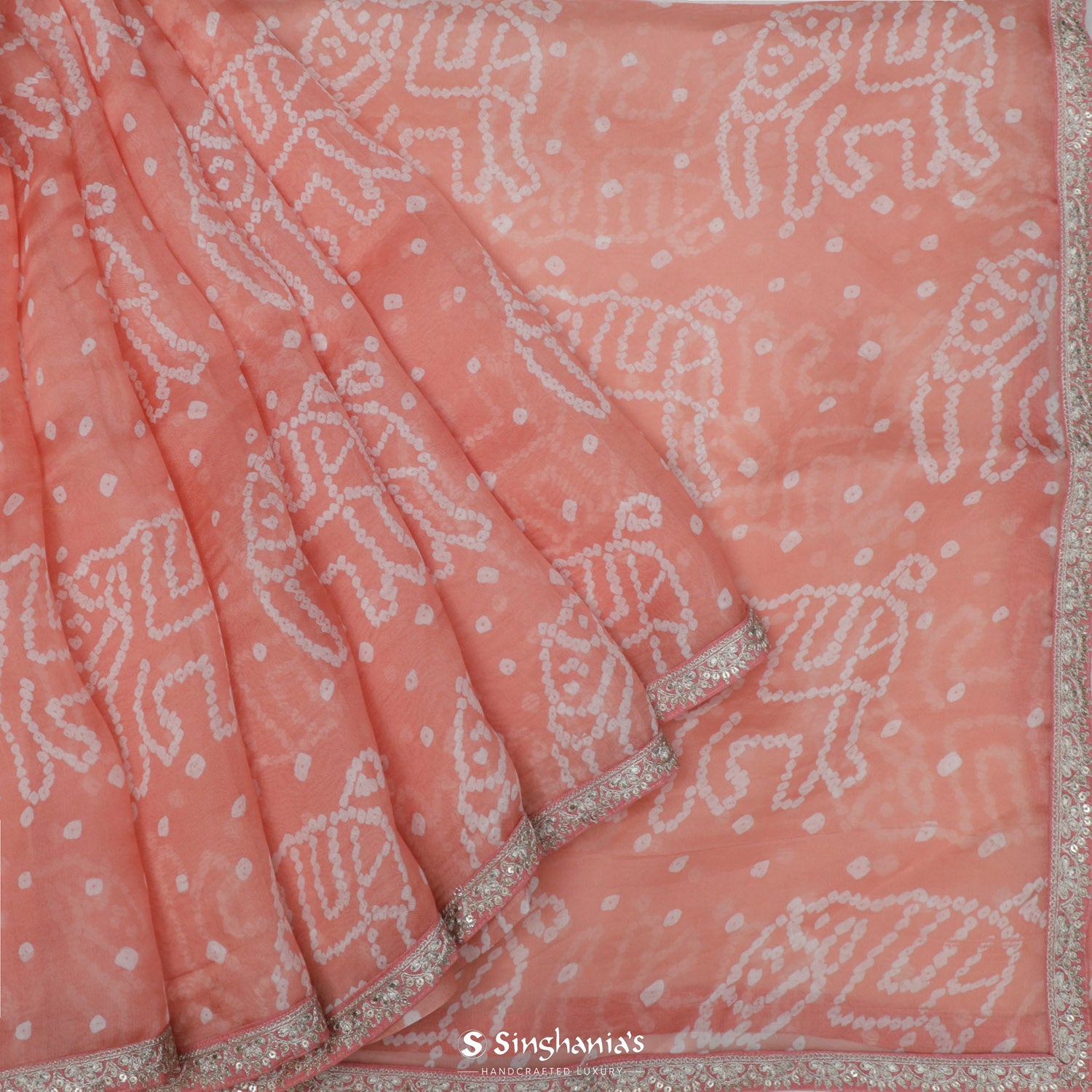 New York Pink Organza Saree With Bandhani Pattern