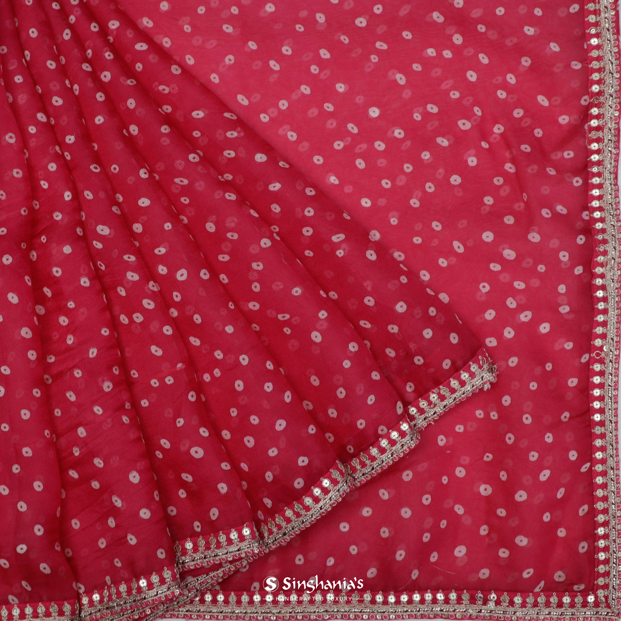 Raspberry Red Printed Bandhani Organza Saree With Butti Pattern