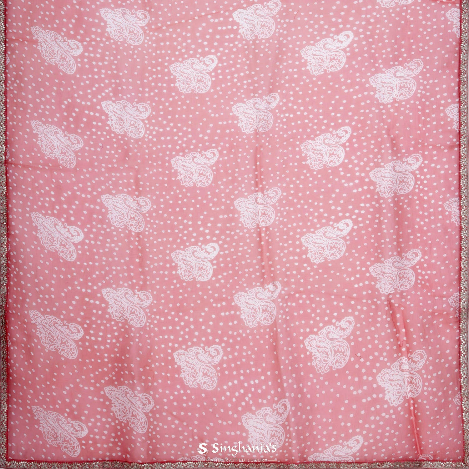 Strawberry Pink Organza Saree With Bandhani And Floral Pattern