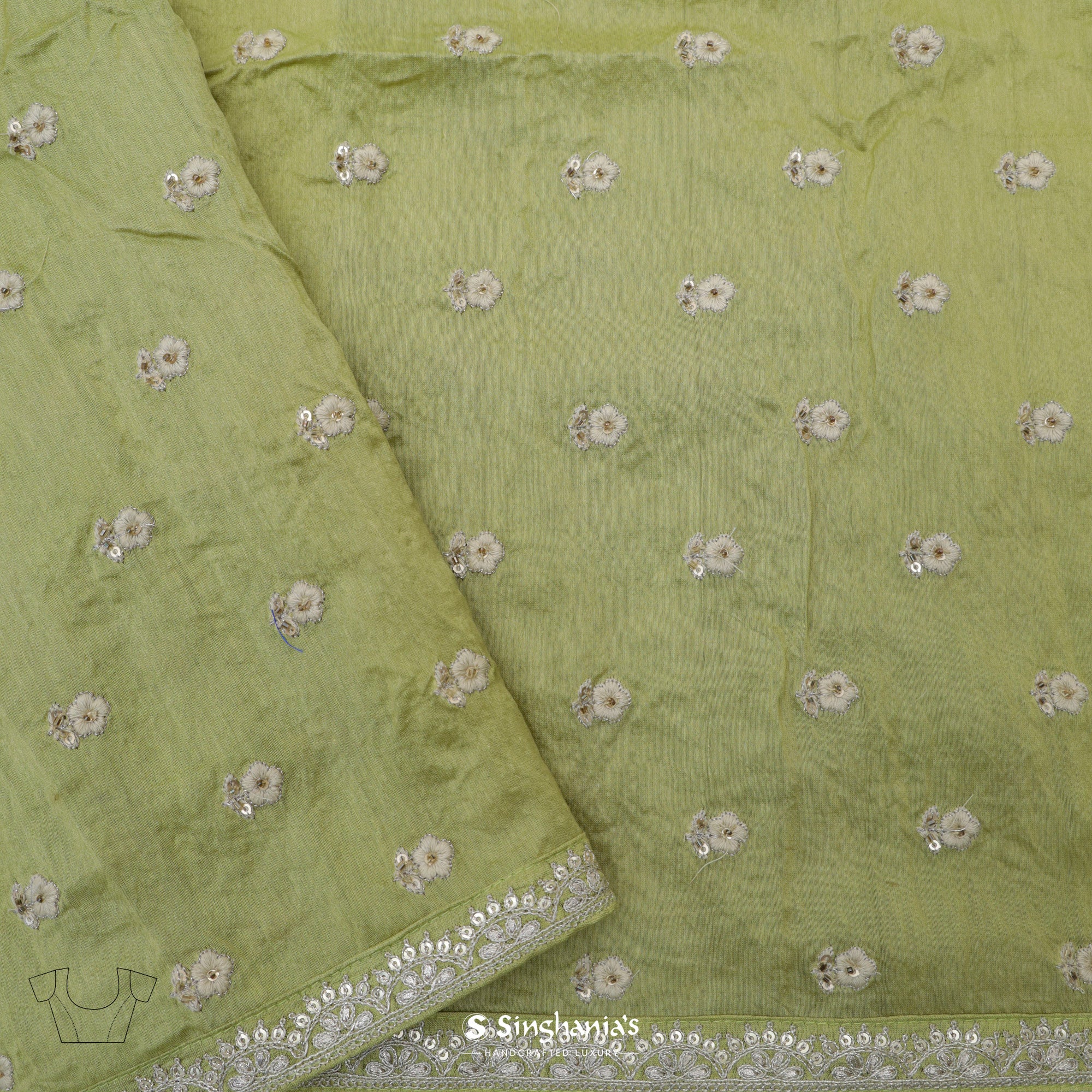 Medium Spring Green Printed Bandhani Organza Saree With Abstract Pattern