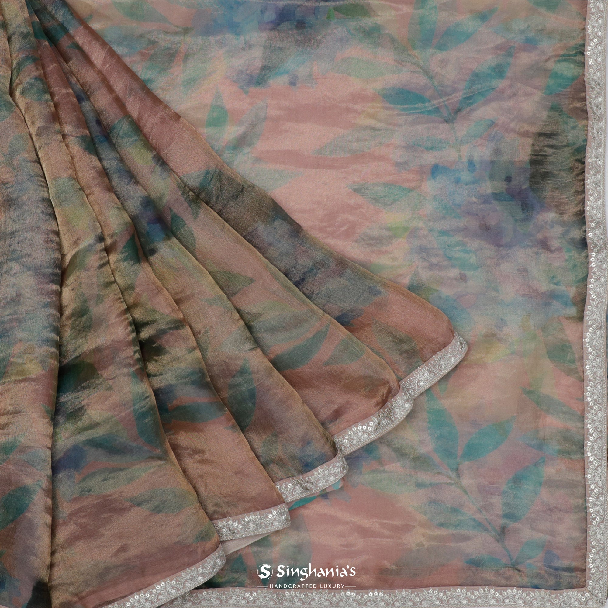 Careys Pink Printed Tissue Saree With Floral Pattern