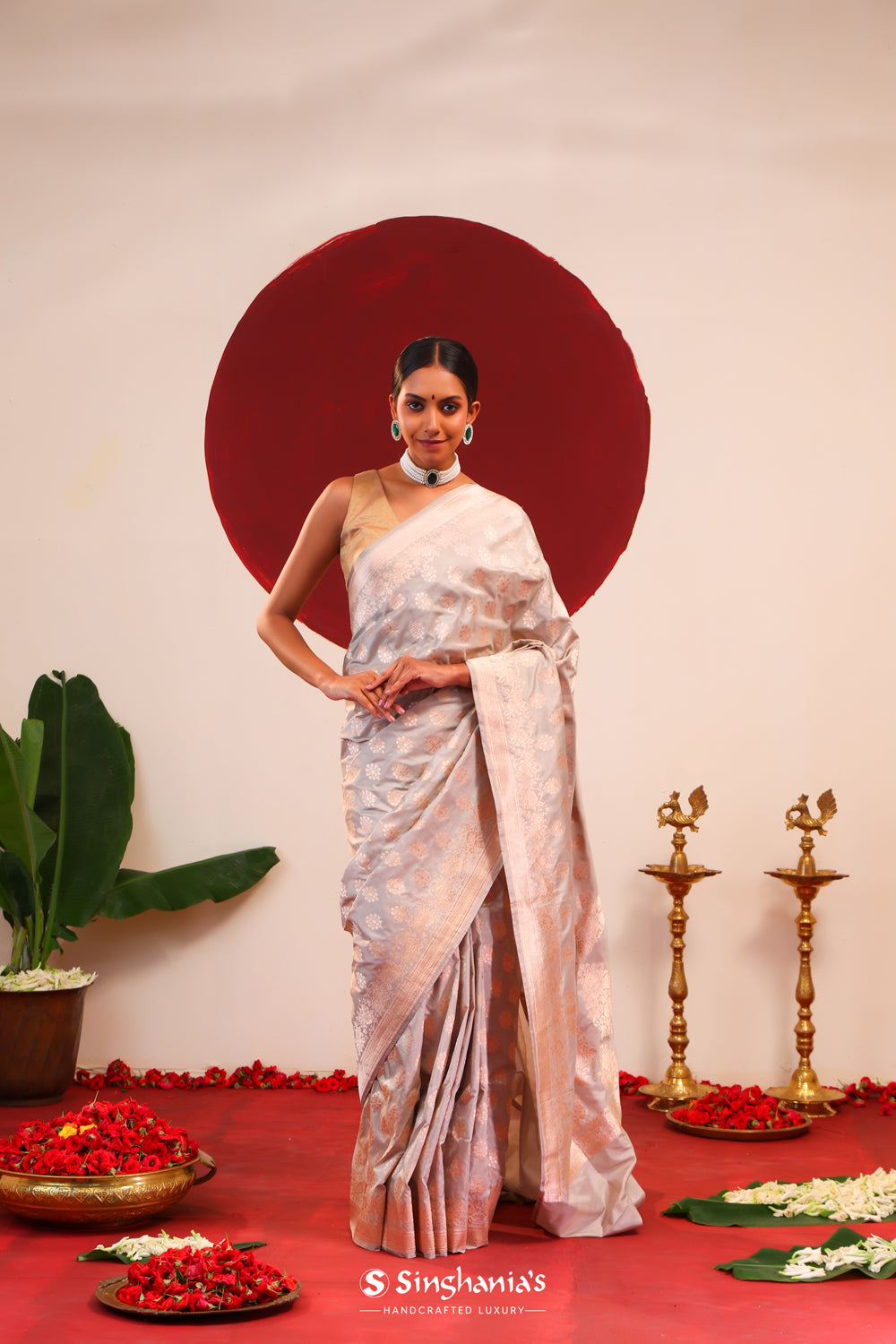 Platinum Grey Banarasi Silk Saree With Floral Butti