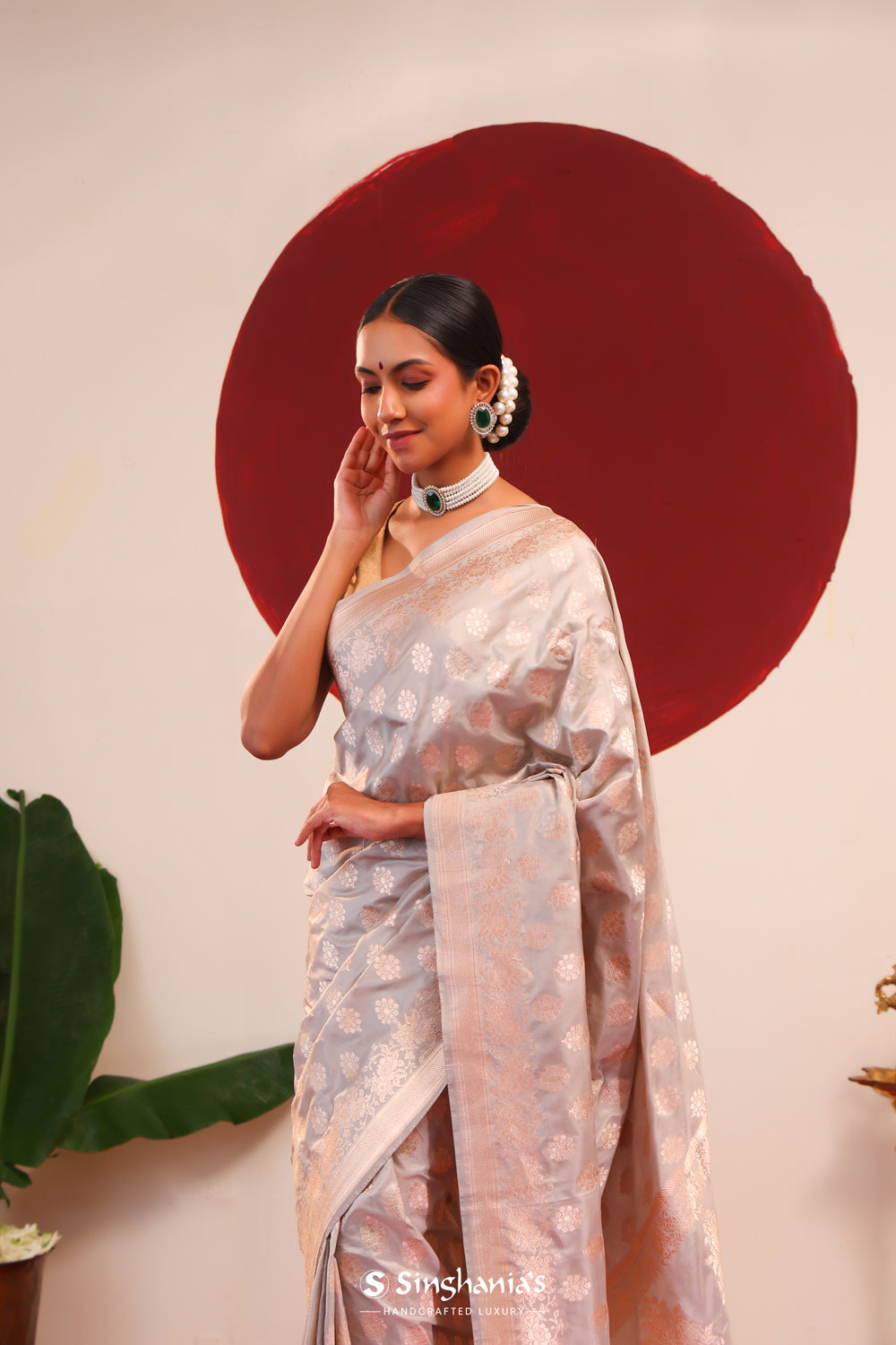 Platinum Grey Banarasi Silk Saree With Floral Butti