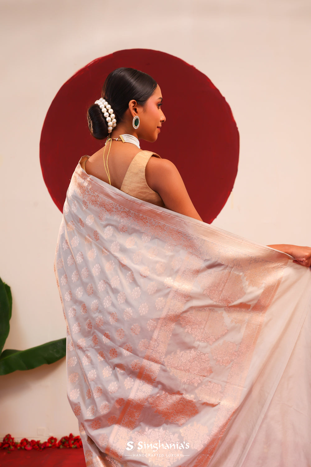 Platinum Grey Banarasi Silk Saree With Floral Butti