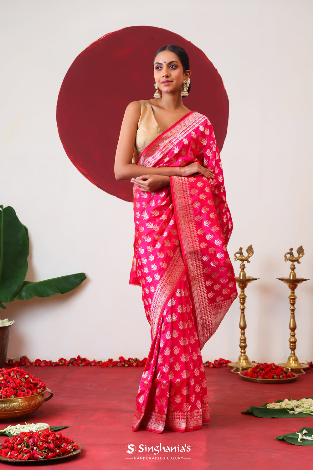 Rani Pink Banarasi Silk Saree With Gold Zari Butti