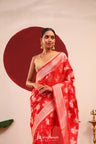 Vermillion Red Banarasi Silk Saree With Zari Butta