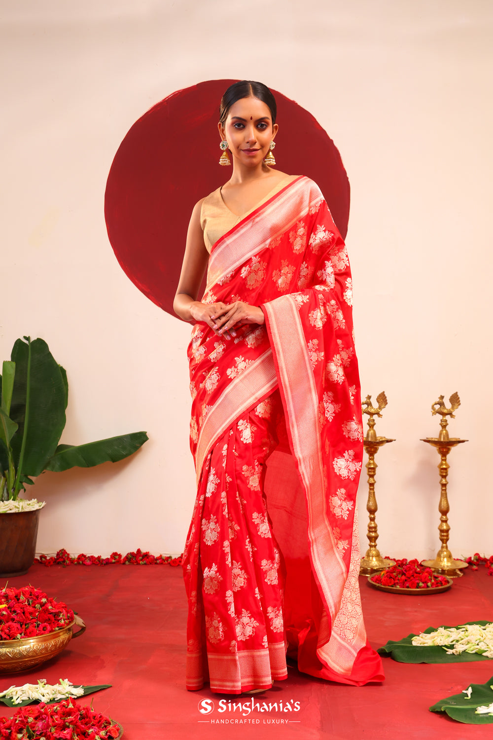 Vermillion Red Banarasi Silk Saree With Zari Butta