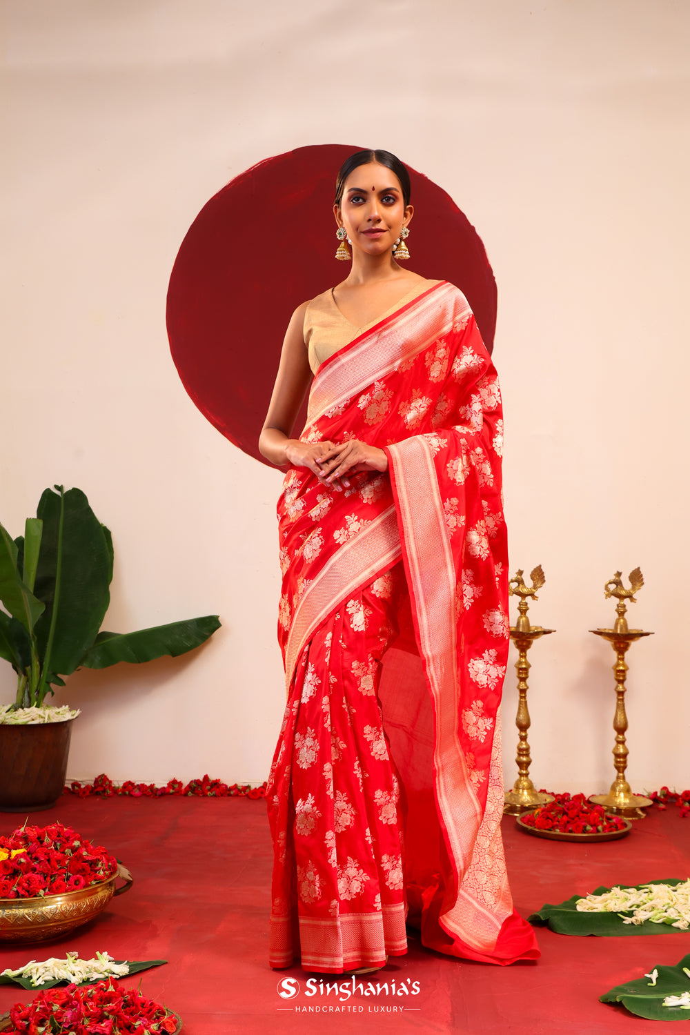 Vermillion Red Banarasi Silk Saree With Zari Butta