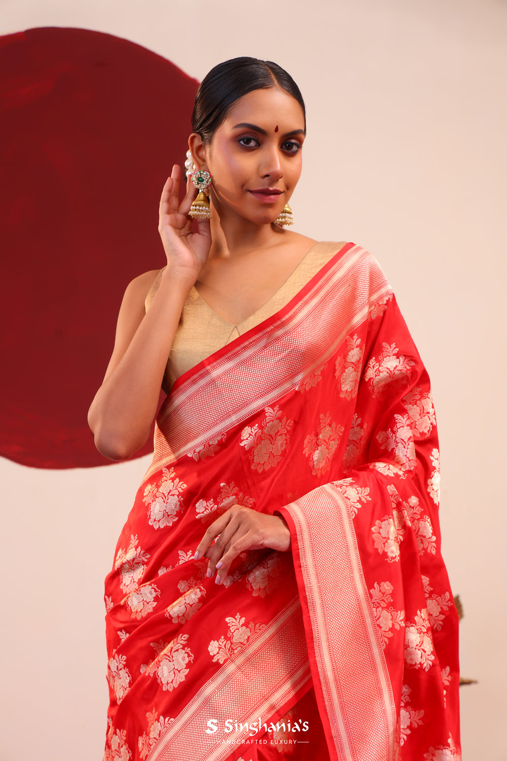 Vermillion Red Banarasi Silk Saree With Zari Butta