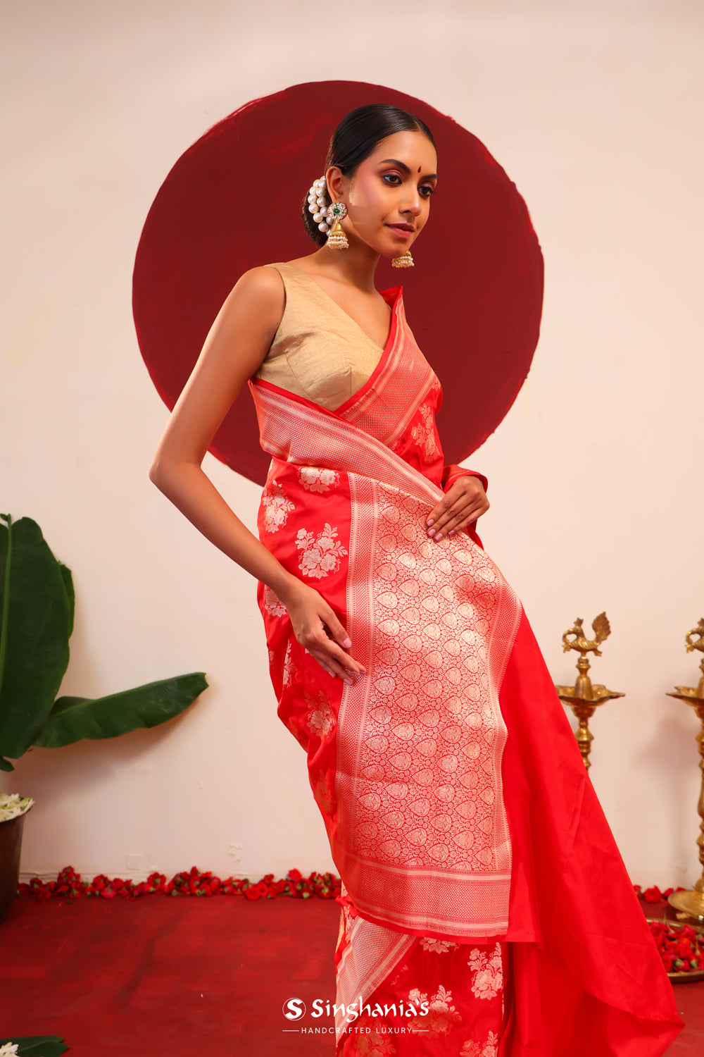 Vermillion Red Banarasi Silk Saree With Zari Butta