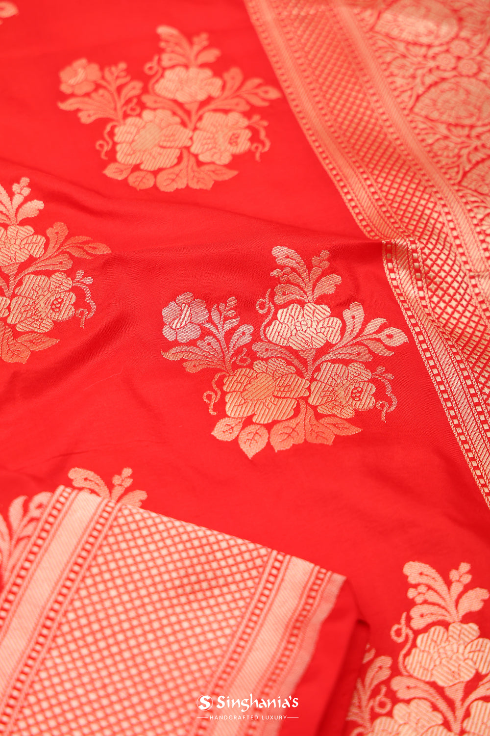 Vermillion Red Banarasi Silk Saree With Zari Butta