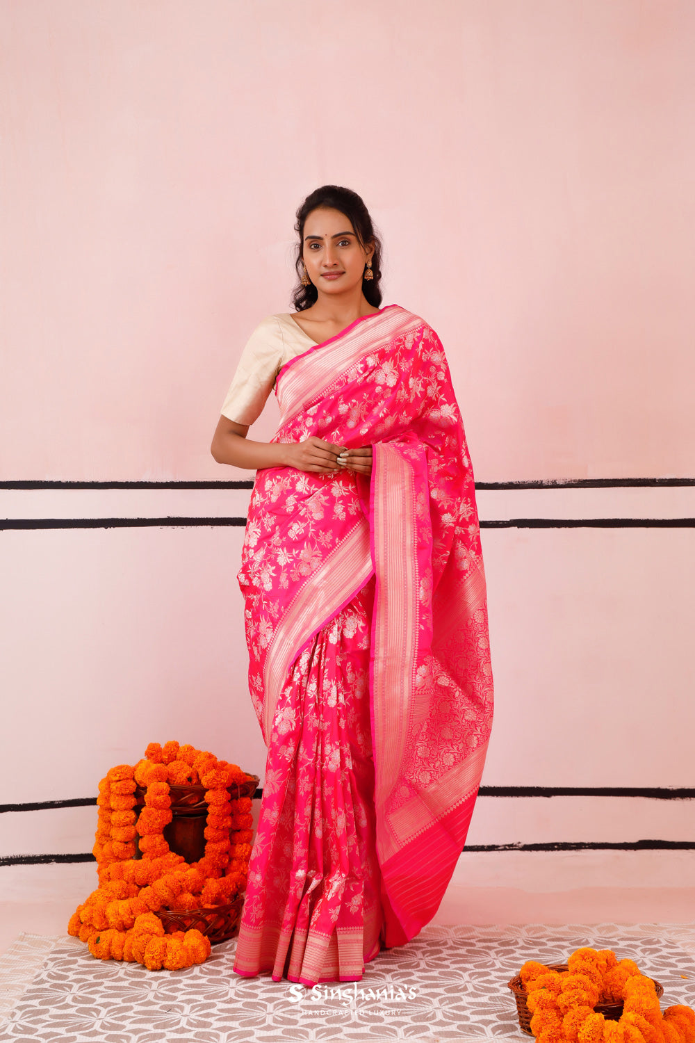 Hot Pink Banarasi Silk Saree With Floral Jaal Weaving