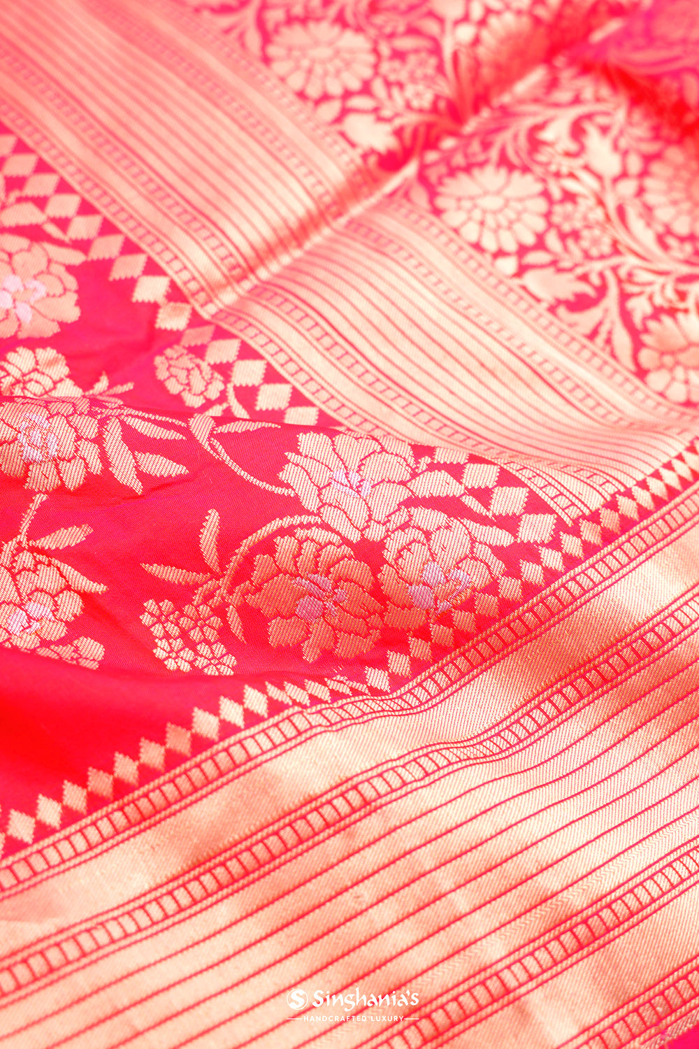 Hot Pink Banarasi Silk Saree With Floral Jaal Weaving