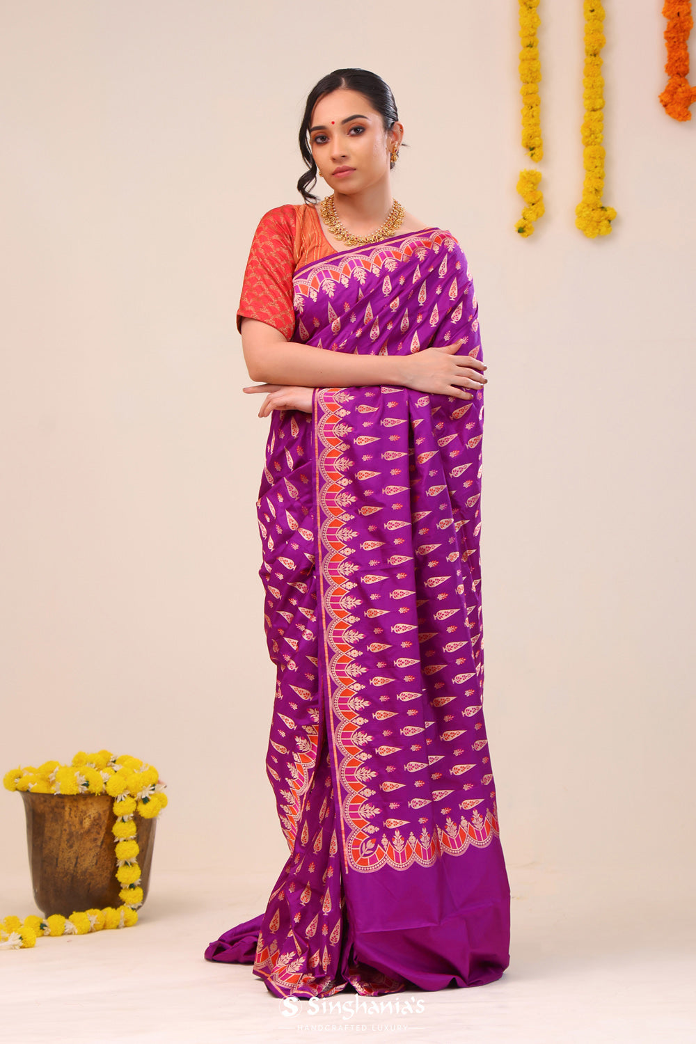 Deep Magenta Flora Banarasi Silk Saree