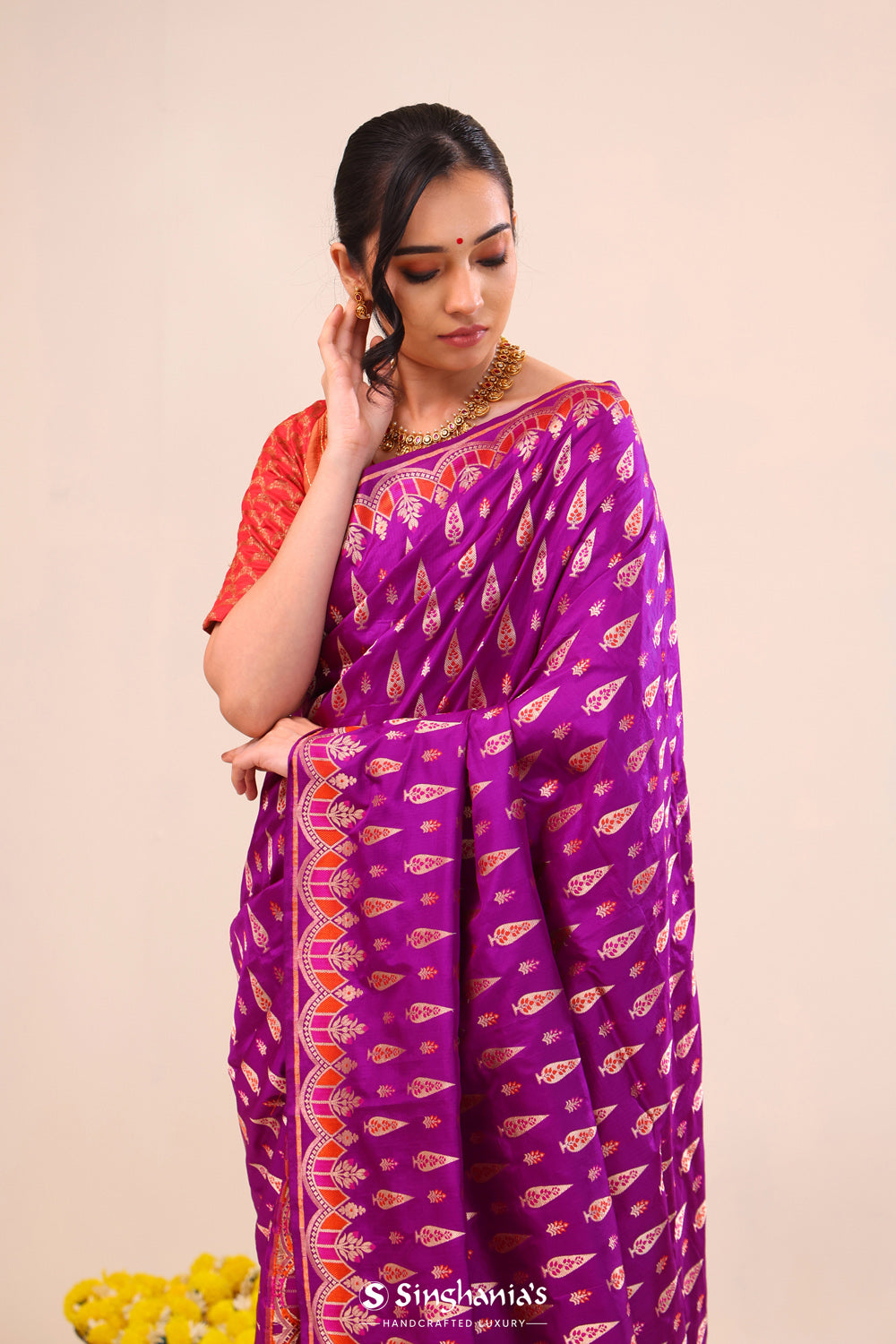 Deep Magenta Flora Banarasi Silk Saree