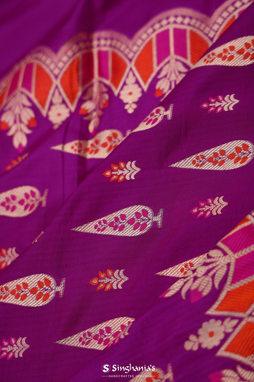 Deep Magenta Flora Banarasi Silk Saree