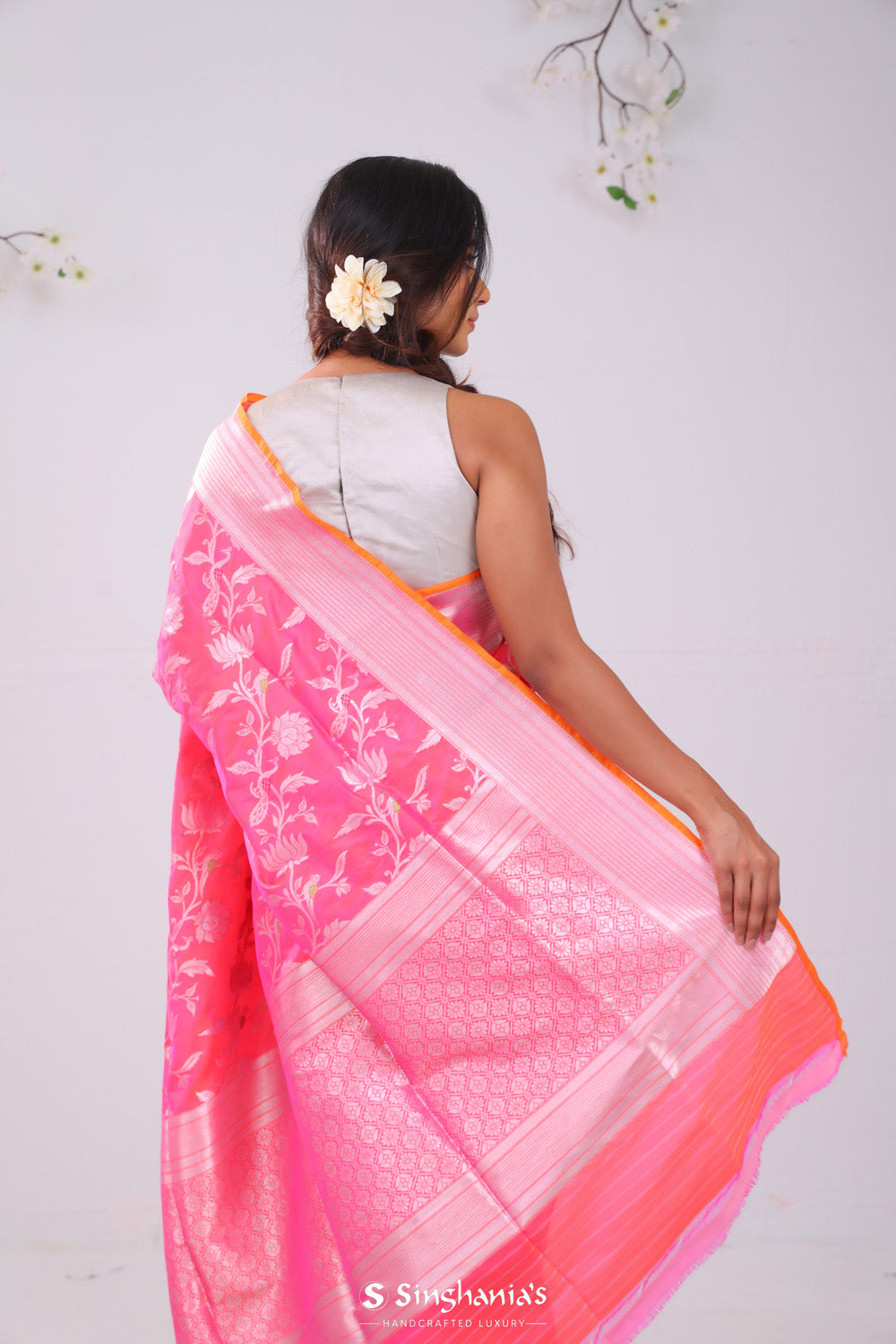 Pink Orange Dual-Tone Banarasi Silk Saree With Floral-Peacock Work