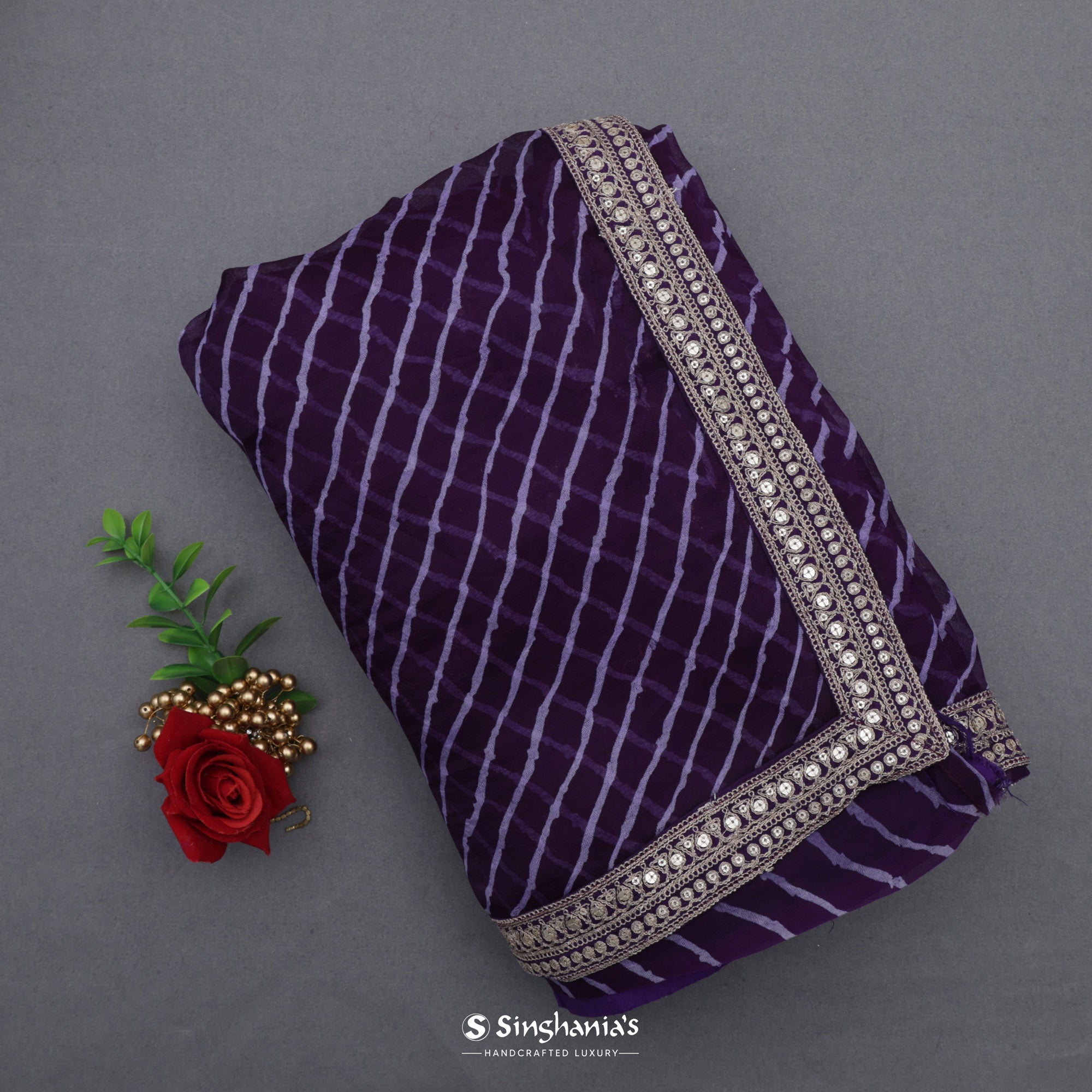 Seance Purple Printed Organza Saree With Leheriya Pattern
