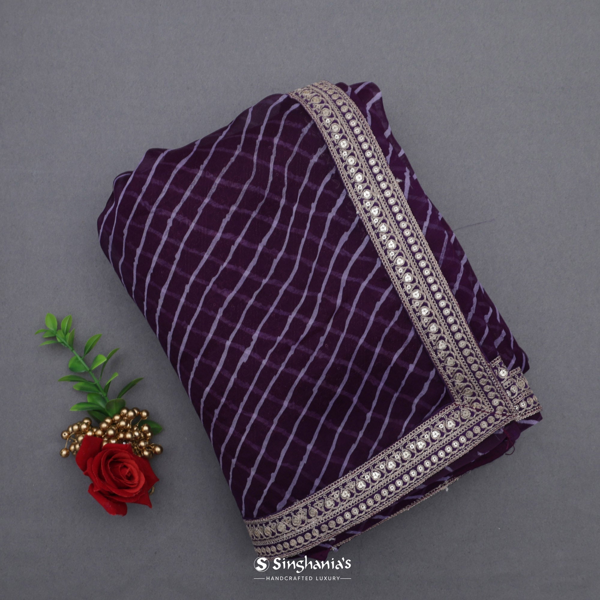 Imperial Purple Printed Organza Saree With Leheriya Pattern
