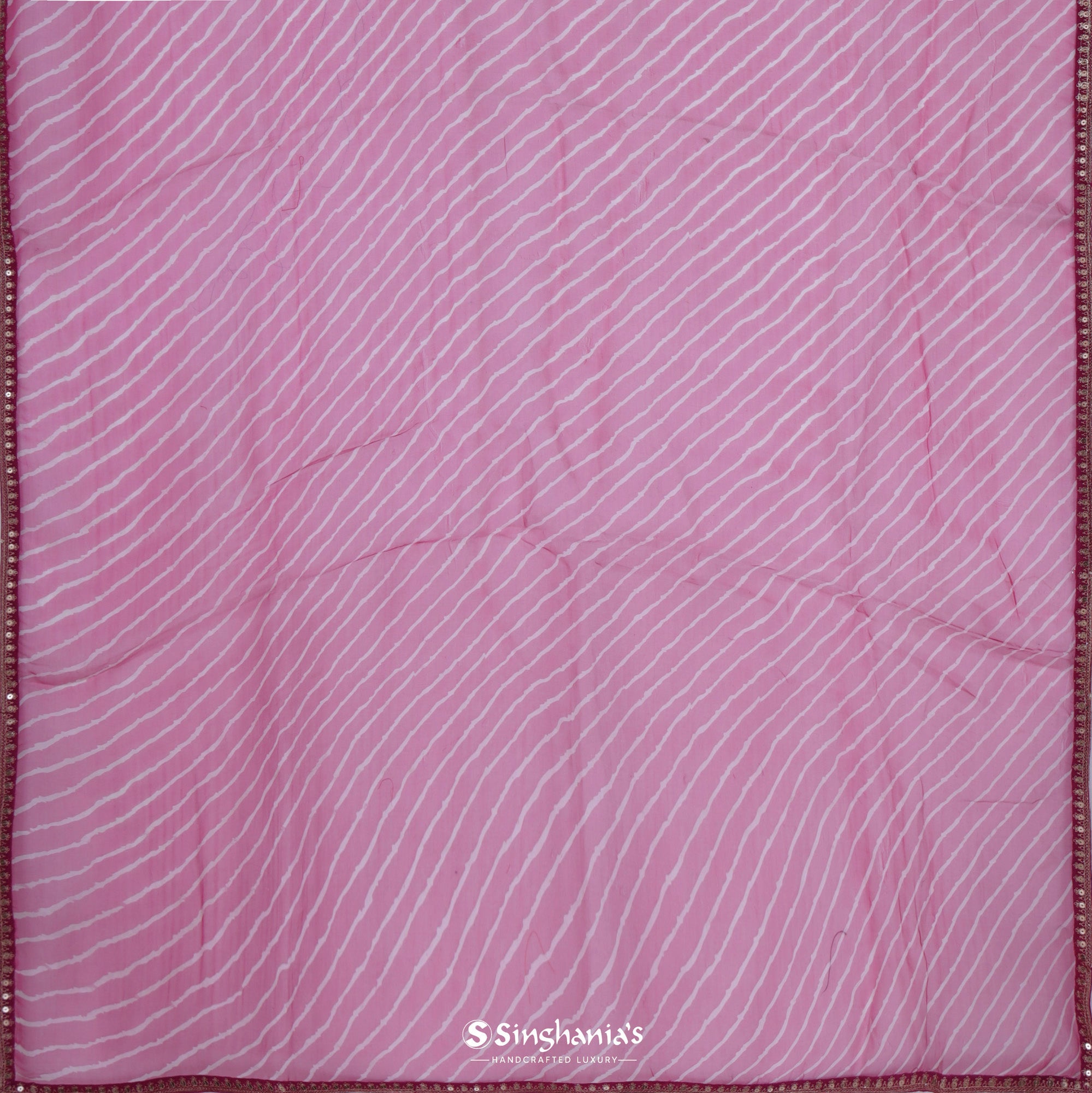 Cherry Pink Printed Organza Saree With Stripes Pattern