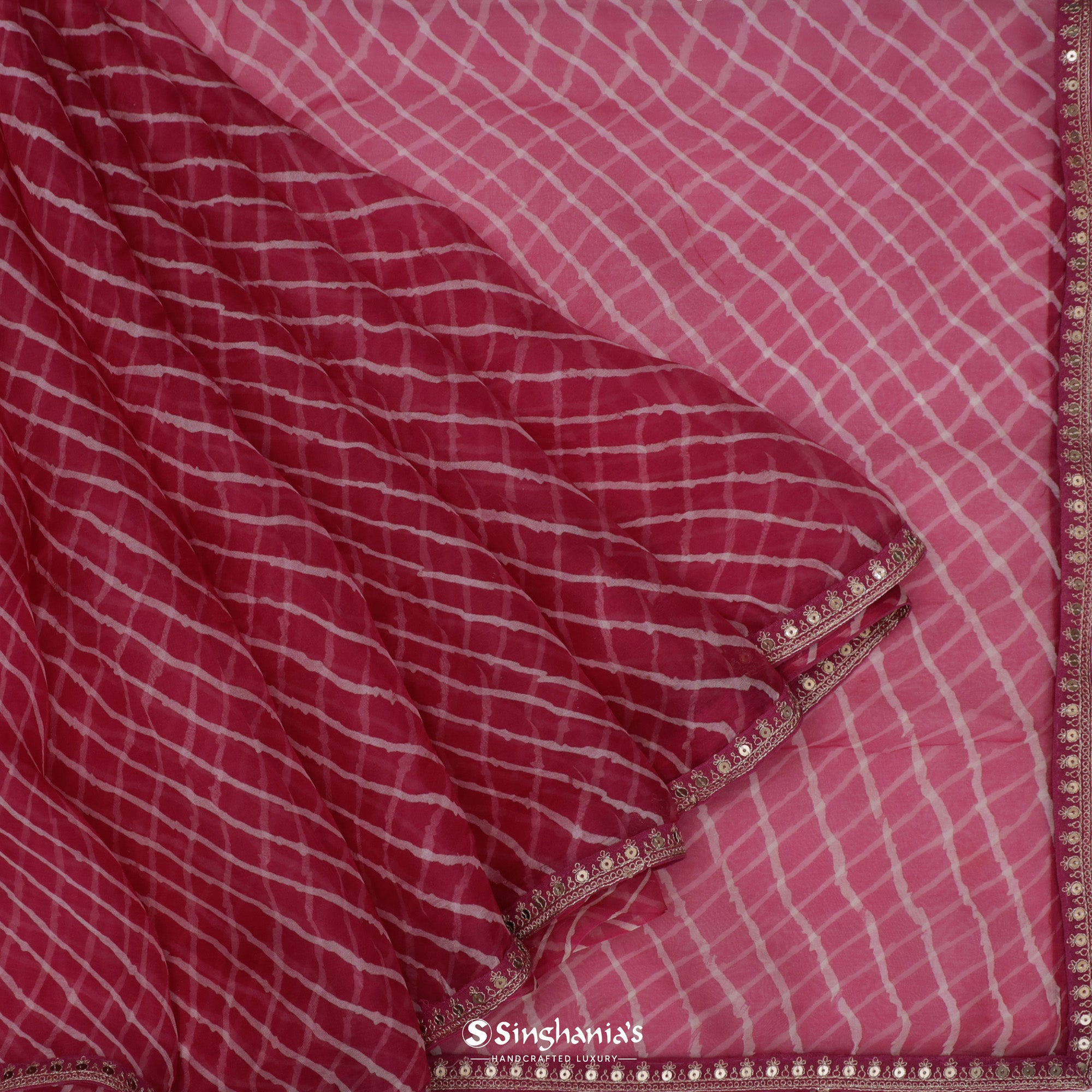 Cherry Pink Printed Organza Saree With Stripes Pattern