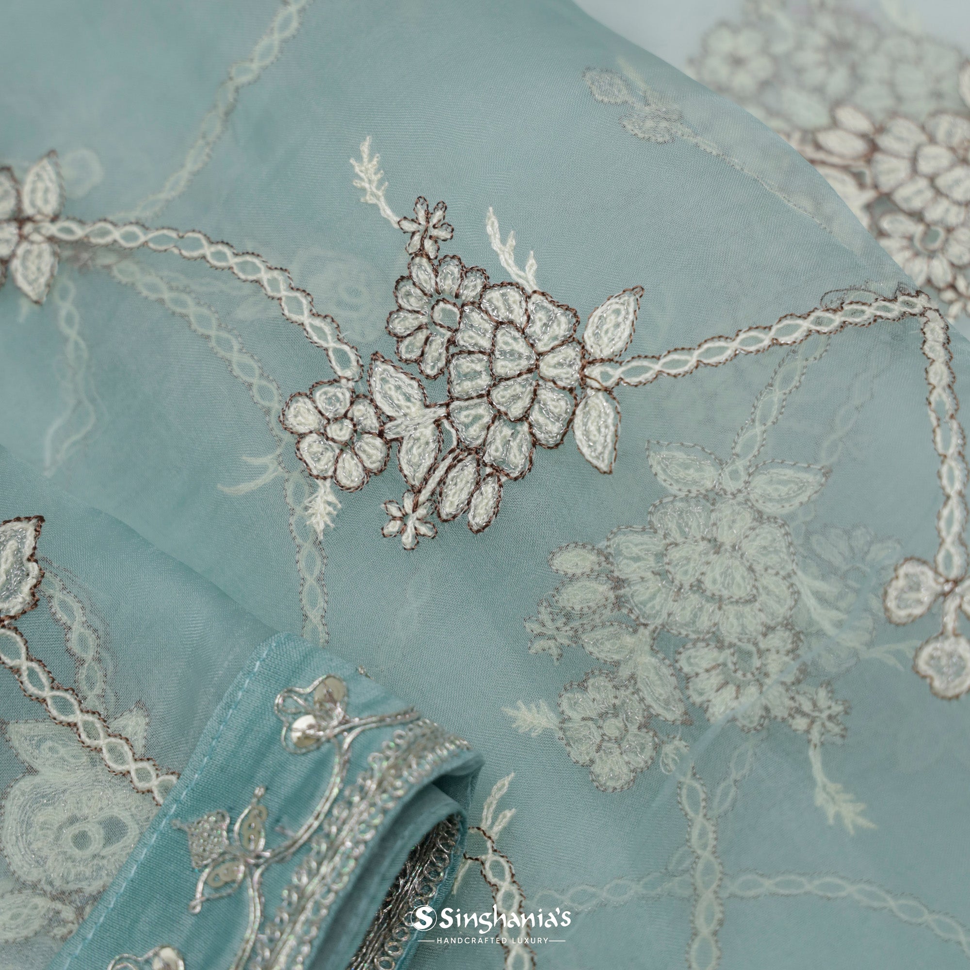 Stone Blue Organza Saree With Embroidery