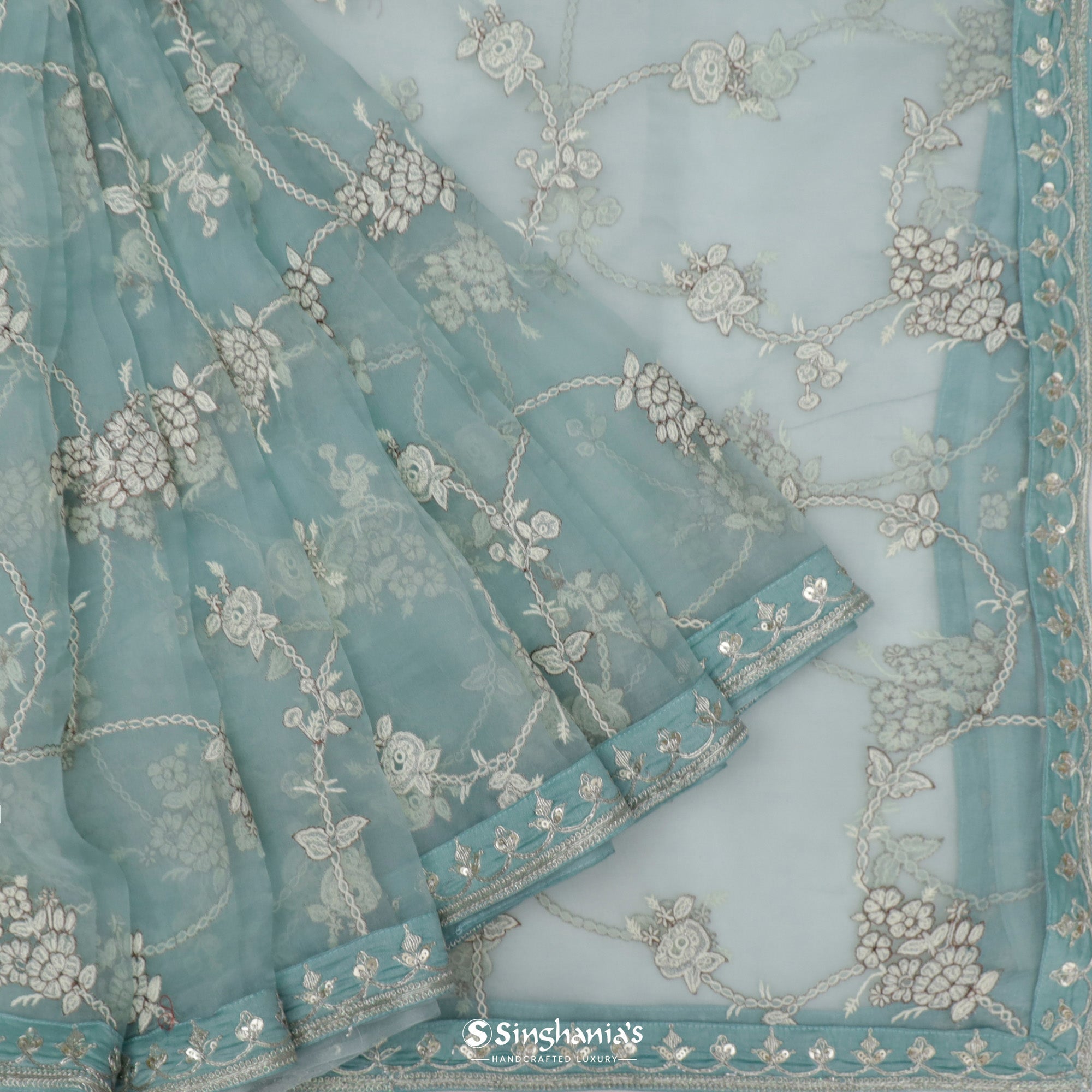 Stone Blue Organza Saree With Embroidery