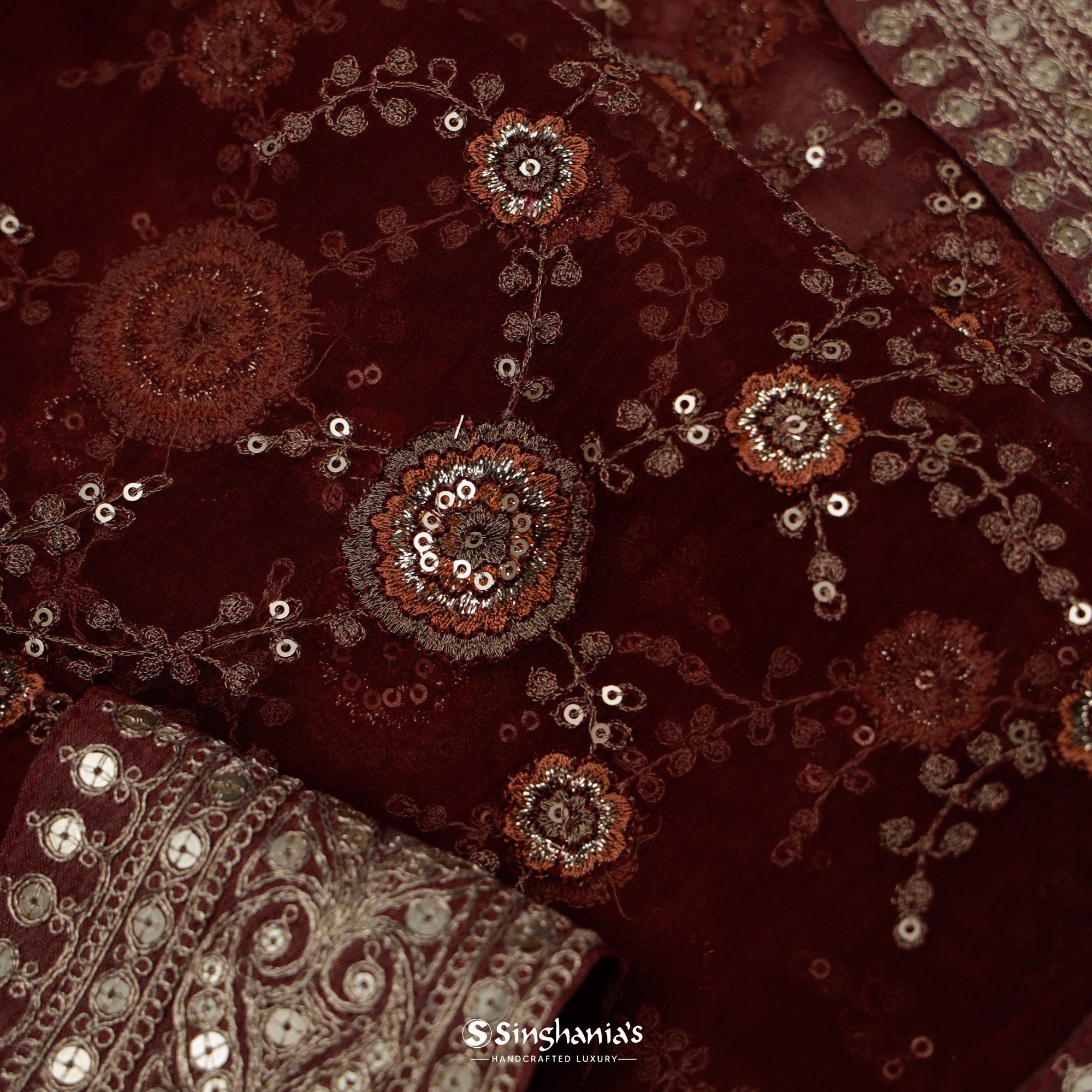 Chocolate Cosmos Red Organza Saree With Floral Embroidery