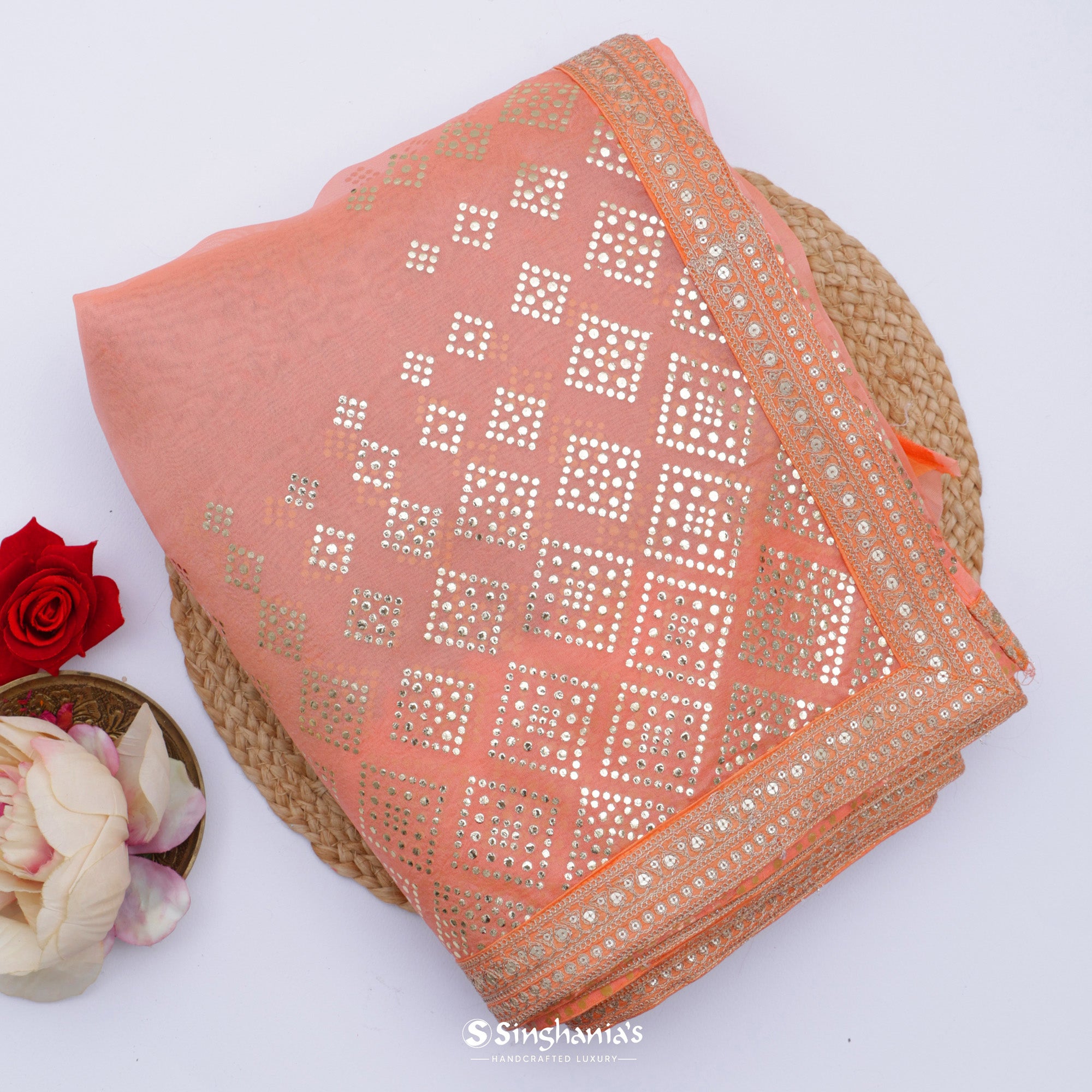 Pastel Peach Printed Organza Saree With Mukaish Pattern