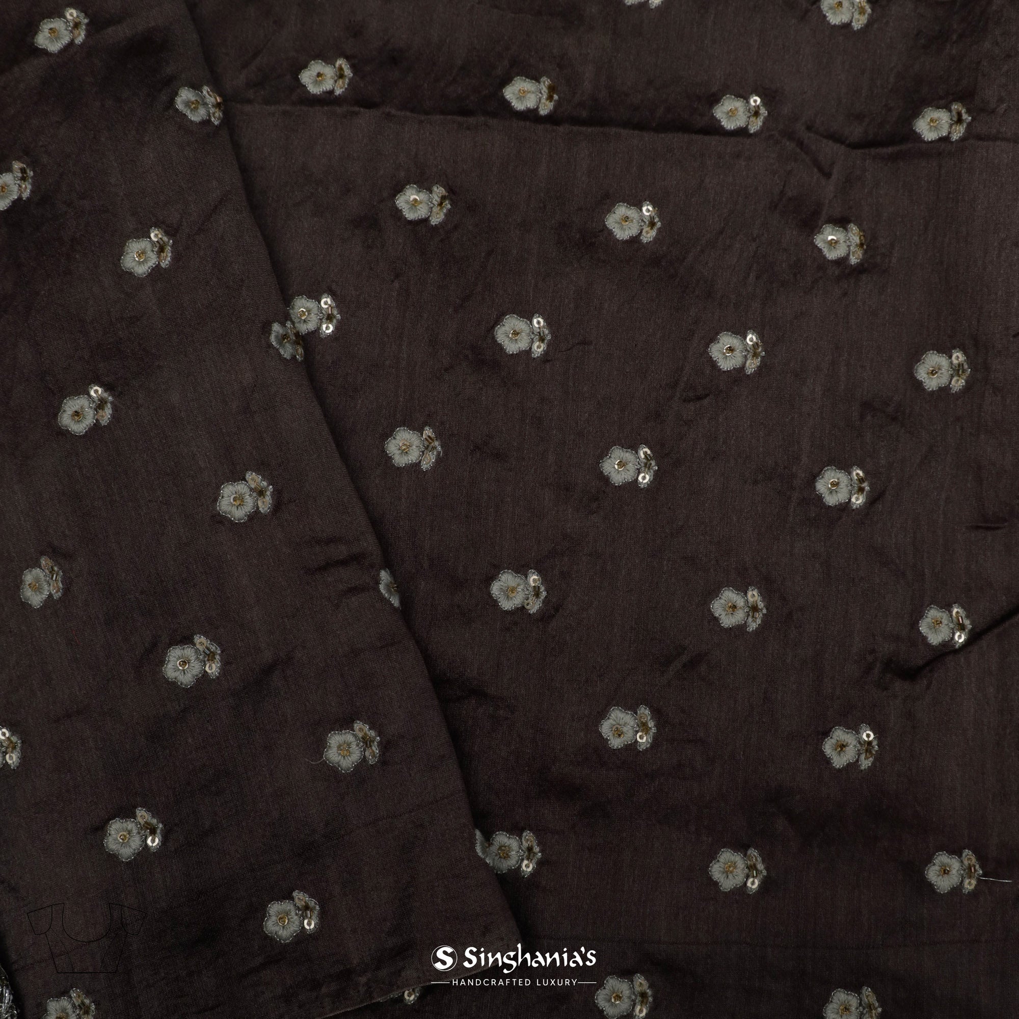 Taupe Brown Printed Organza Saree With Floral Pattern