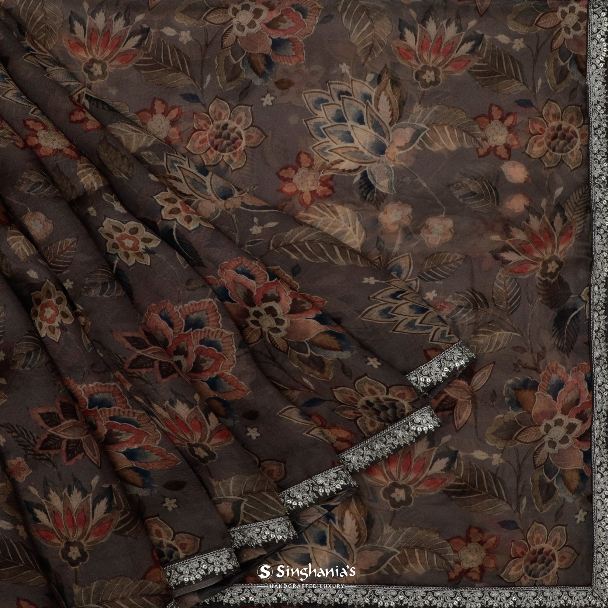 Taupe Brown Printed Organza Saree With Floral Pattern