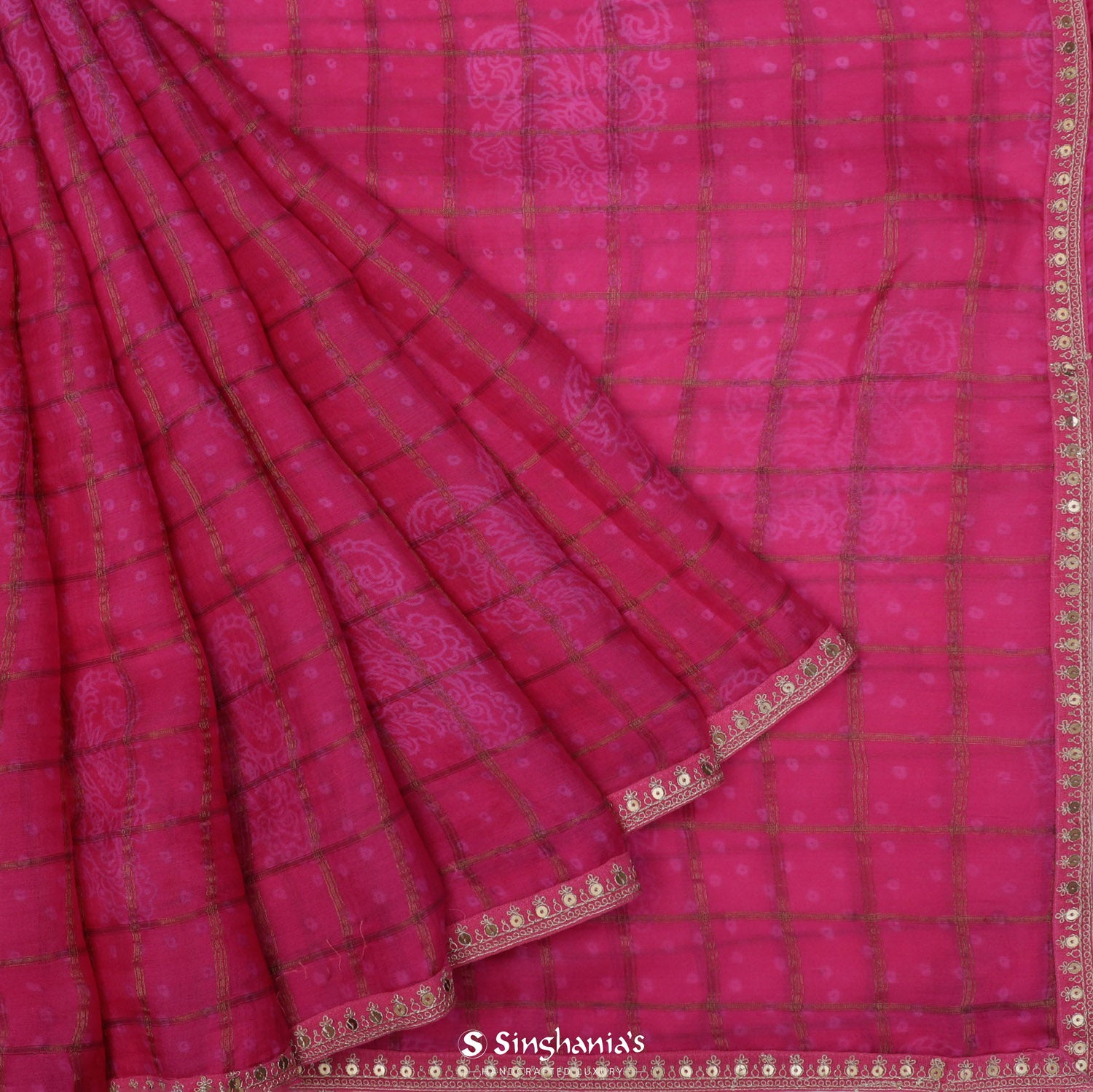 Brink Pink Organza Saree With Bandhani Pattern