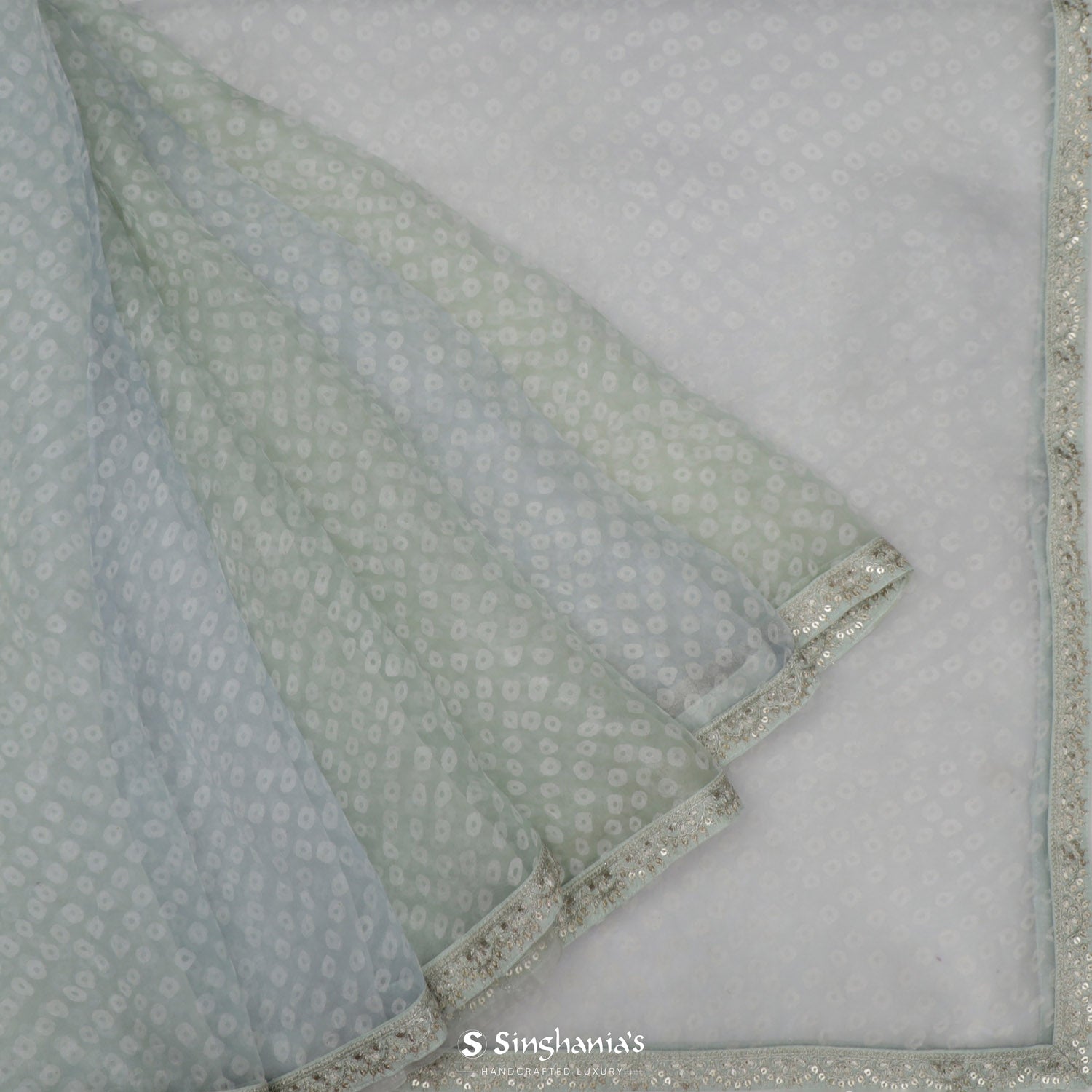 Baby Blue Bandhani Organza Saree With Bandhani Pattern