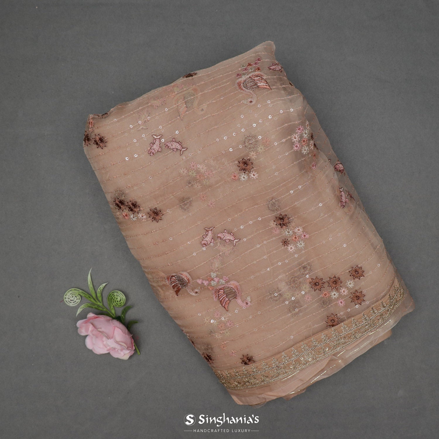 Peach Pink Organza Saree With Sequin Embroidery