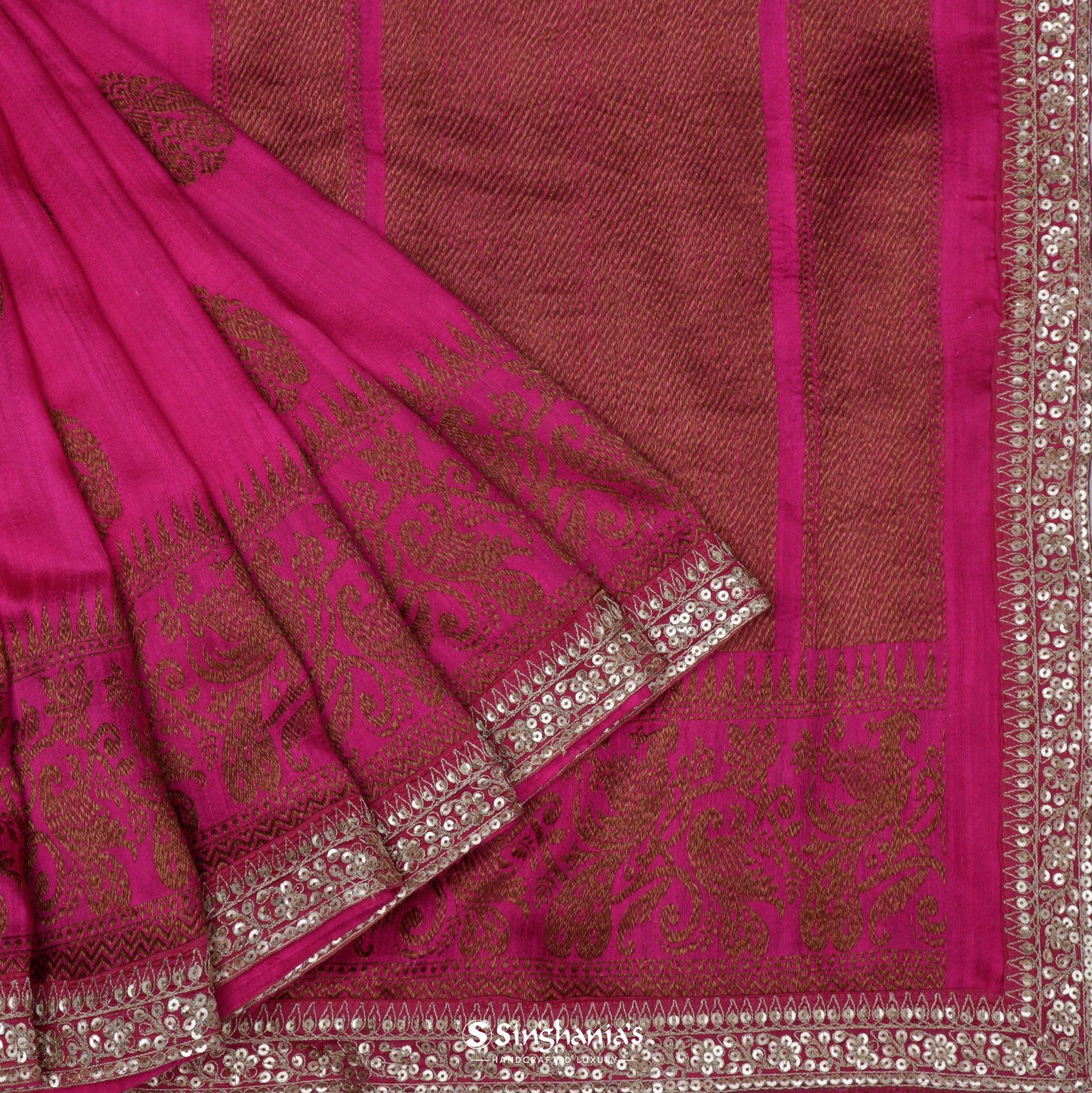 Barbie Pink Matka Saree With Floral Weaving