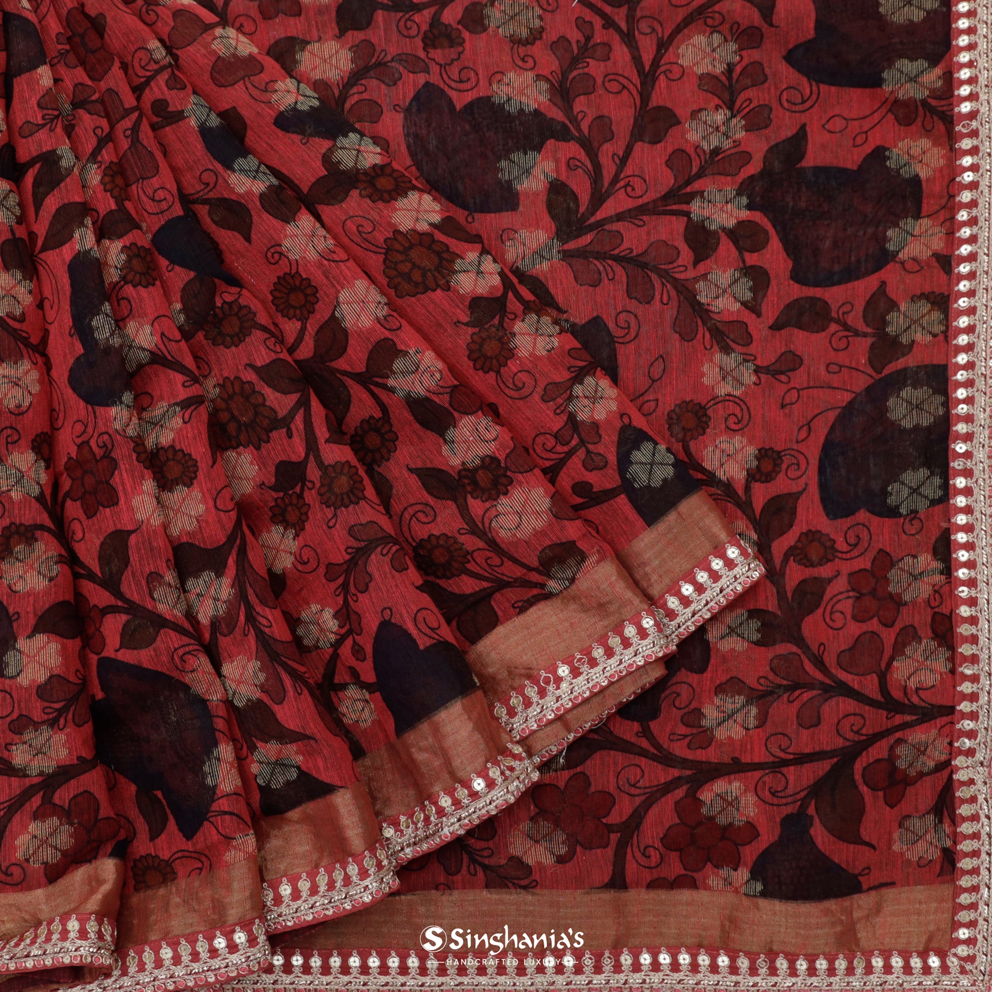 Bills Red Printed Organza Saree With Floral Pattern