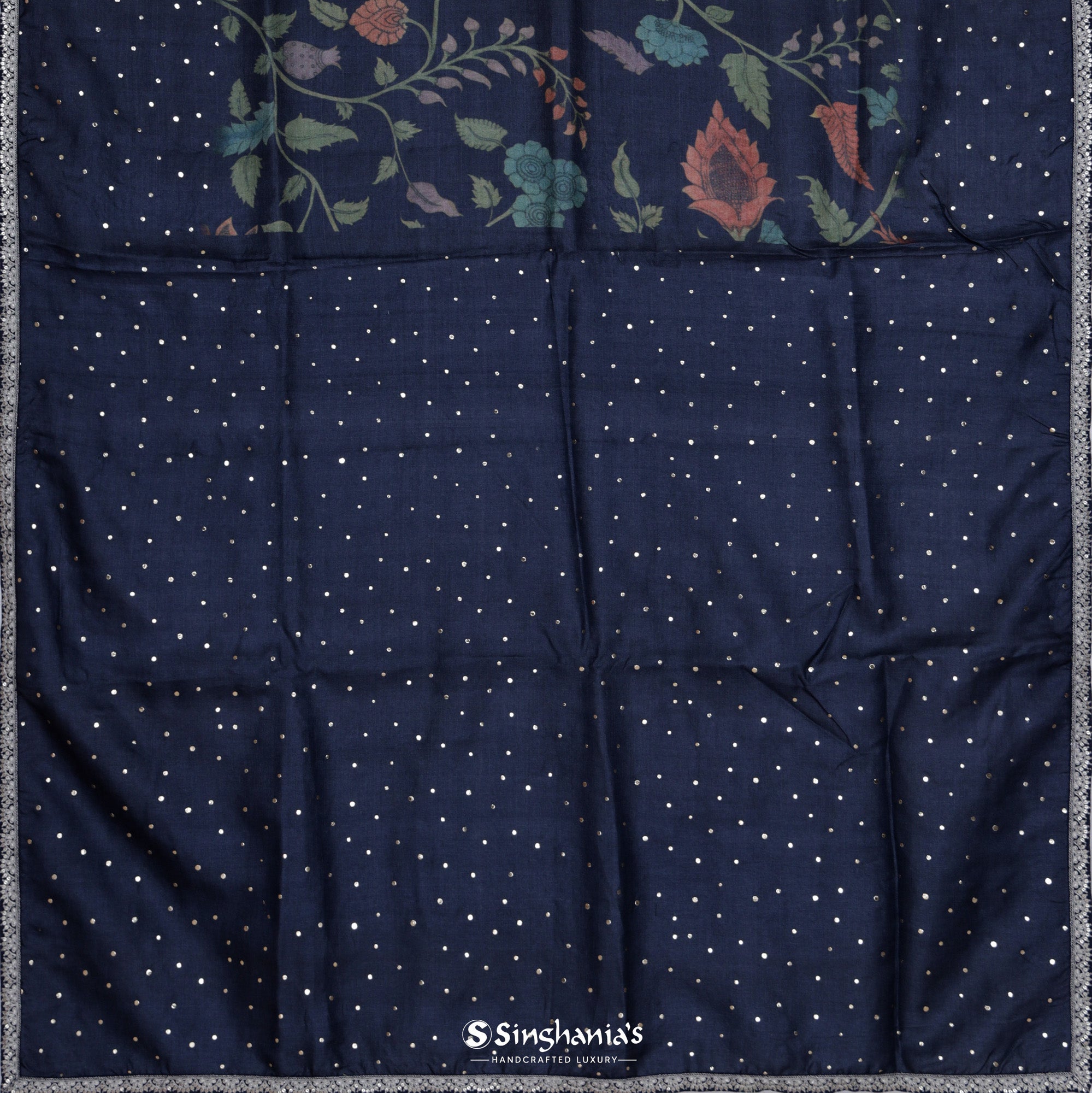 Dark Blue Tussar Saree With Floral Print