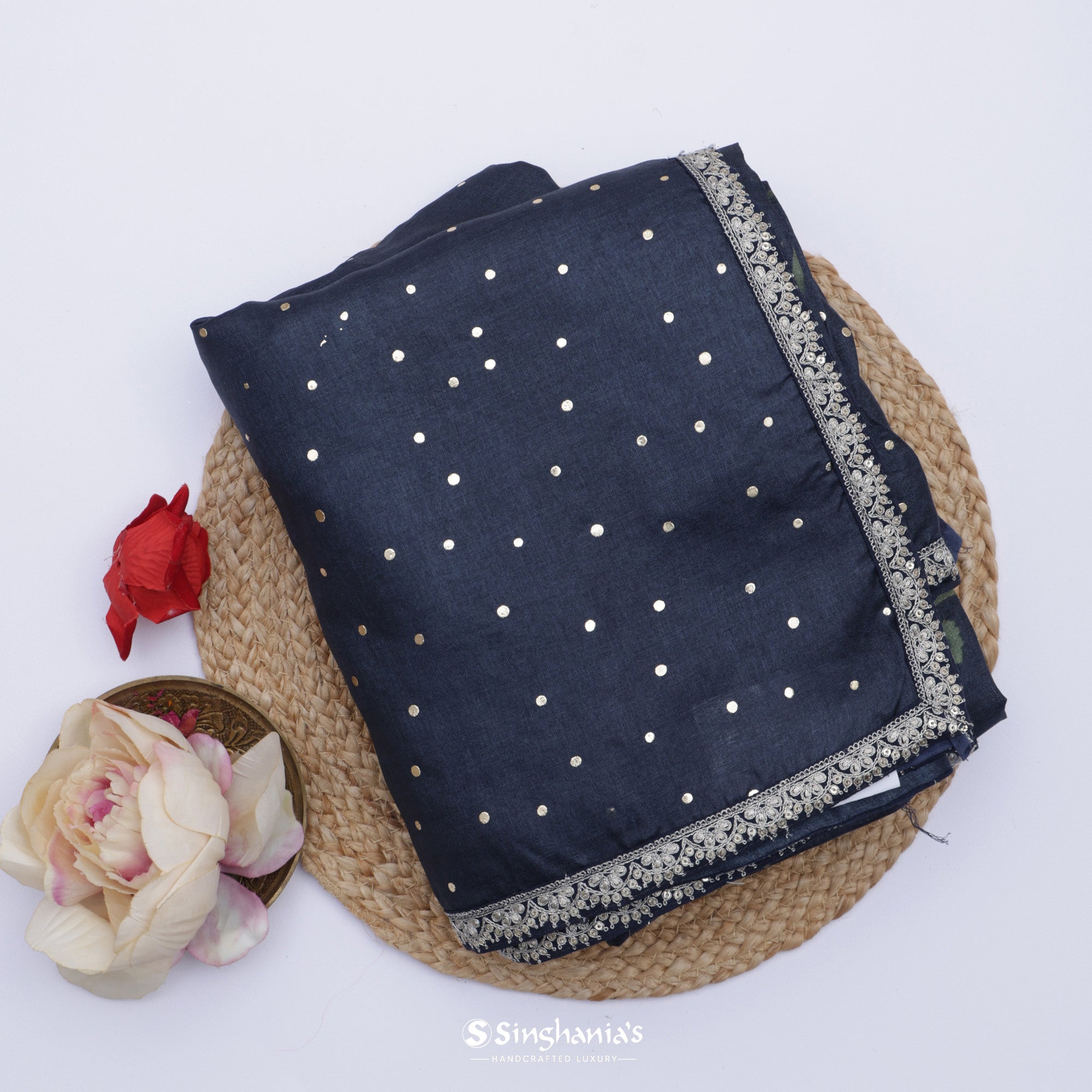 Dark Blue Tussar Saree With Floral Print