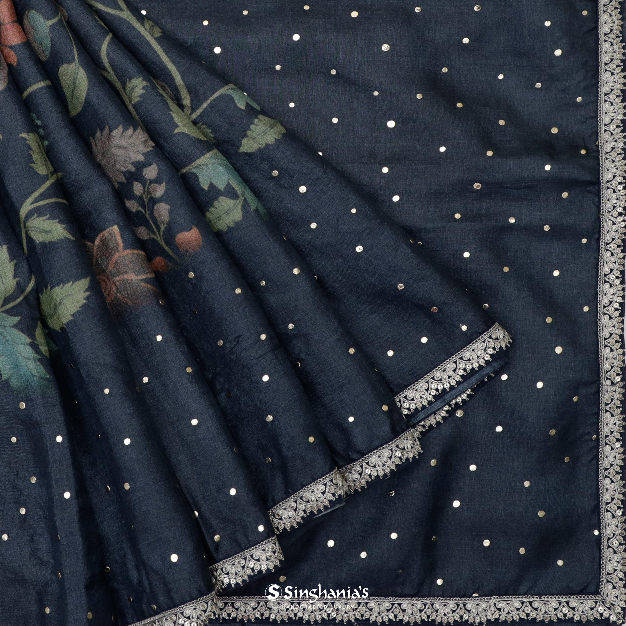 Dark Blue Tussar Saree With Floral Print