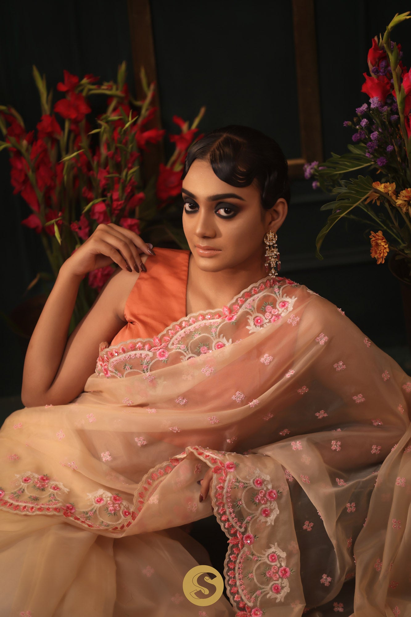 Light Apricot Organza Designer Saree With Floral Embroidery