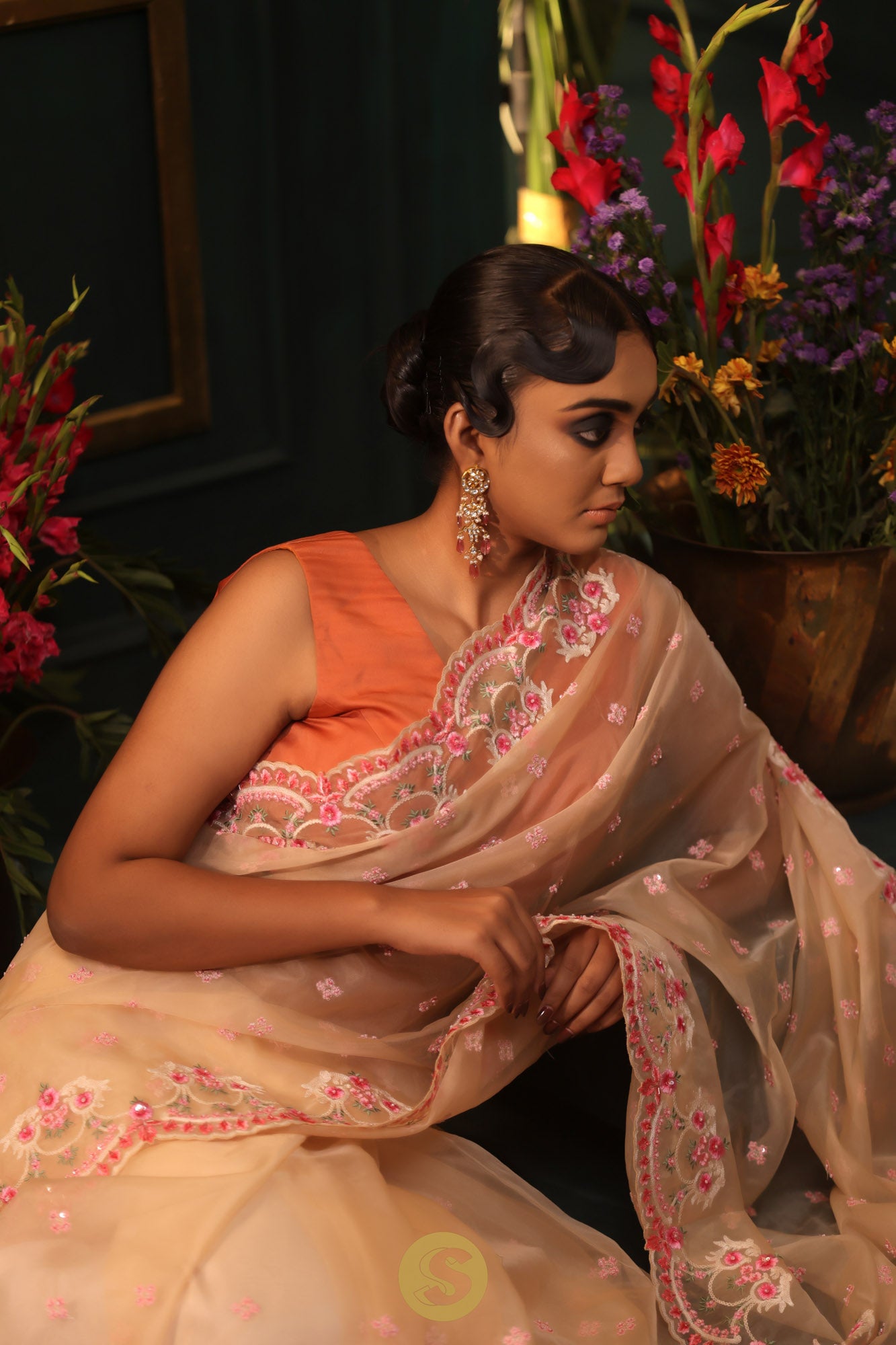 Light Apricot Organza Designer Saree With Floral Embroidery