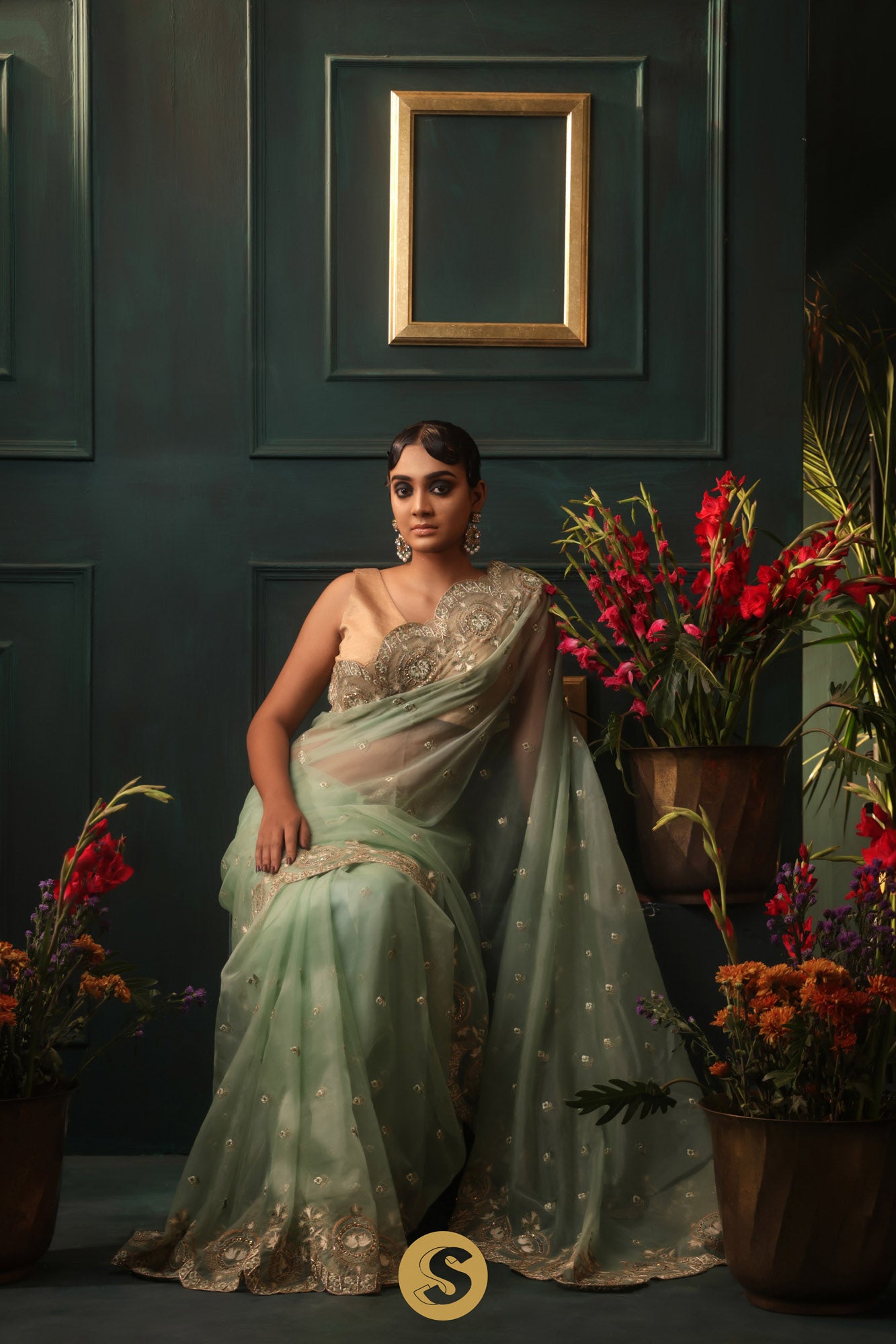 Sage Green Organza Designer Saree With Floral Embroidery