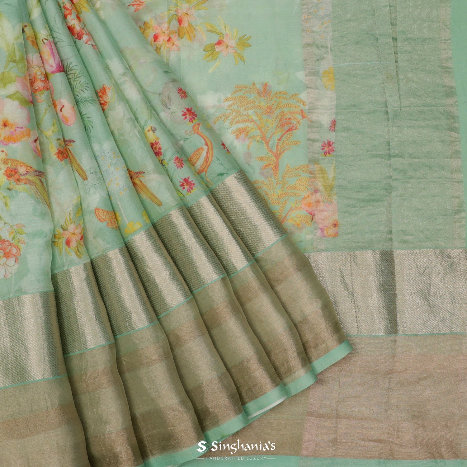 Middle Blue Green Printed Maheshwari Saree With Floral Pattern