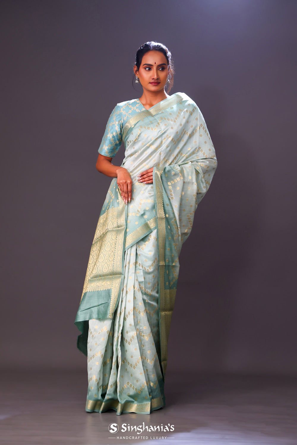 Middle Blue Green Chiniya Banarasi Silk Saree