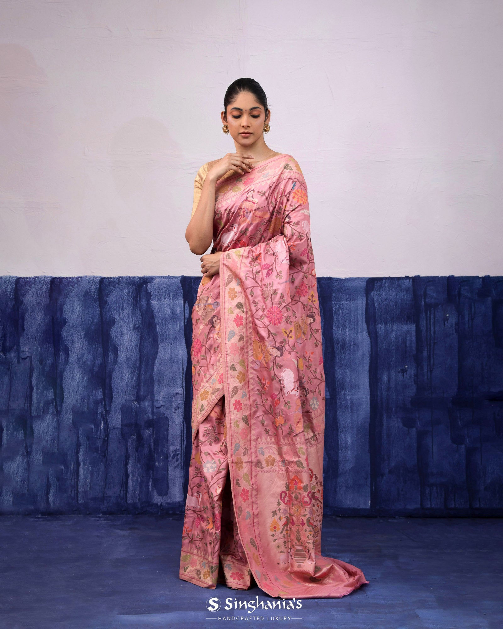 Baby Pink Banarasi Silk Saree With Floral, Fauna & Human Figures